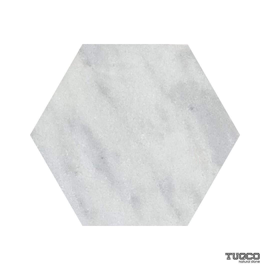 Honed Carrara White marble hexagon tile, frosted white with dove-grey and charcoal veining thumbnail 2