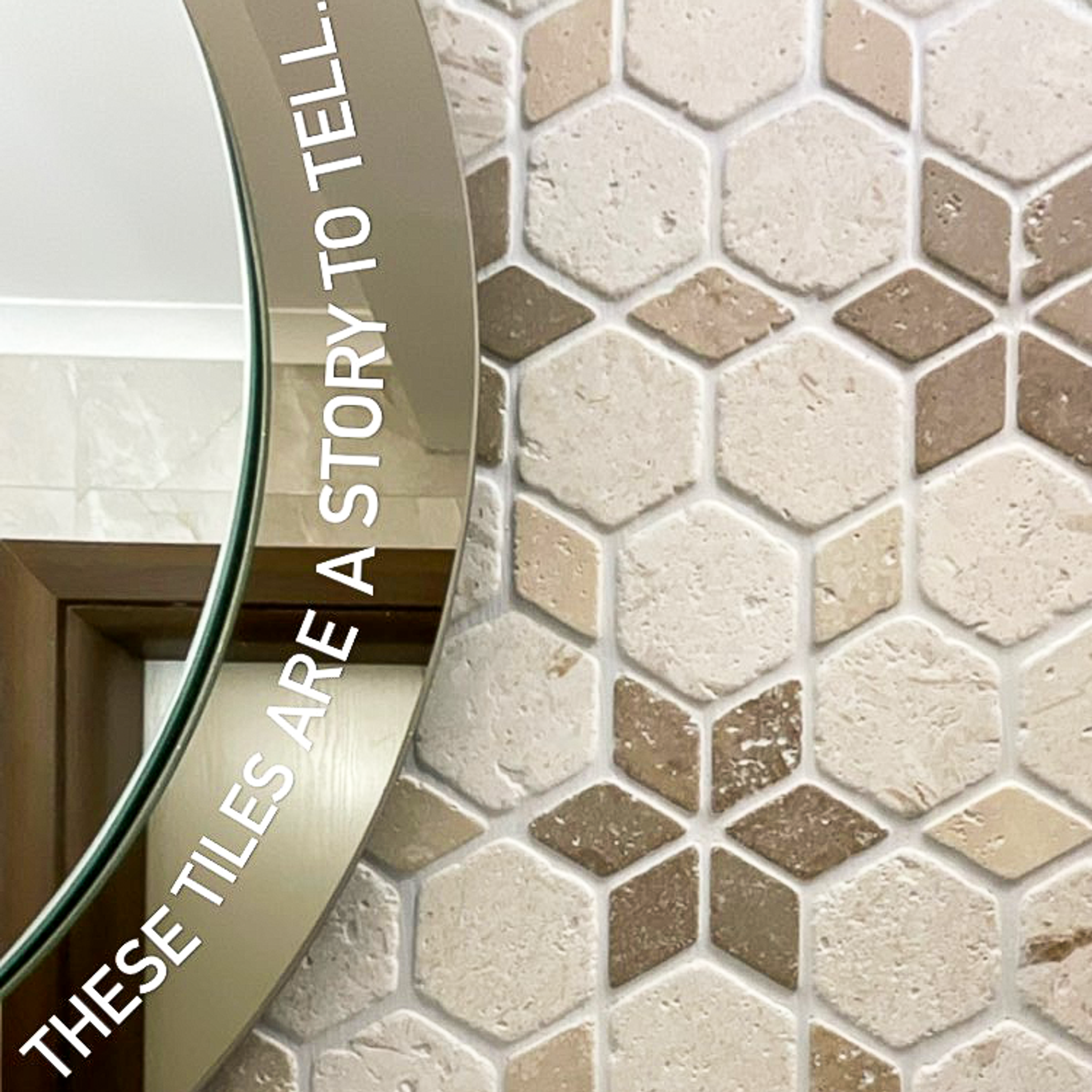 Tumbled Shellstone and mix travertine Starline mosaic tile with walnut six-point stars