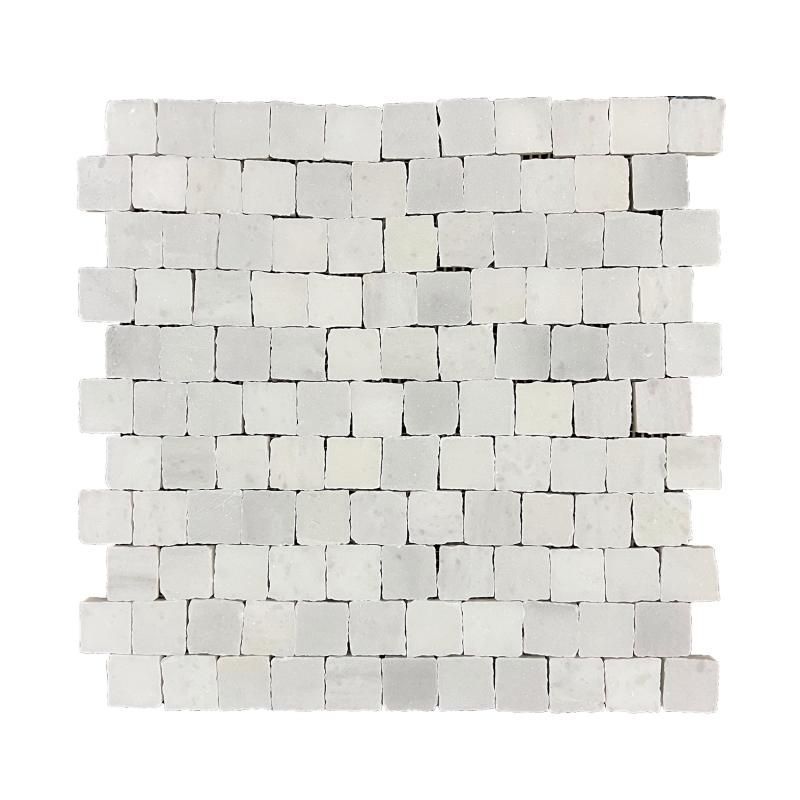 Honed Carrara White marble rustic-edge square mosaic tile with chipped edges