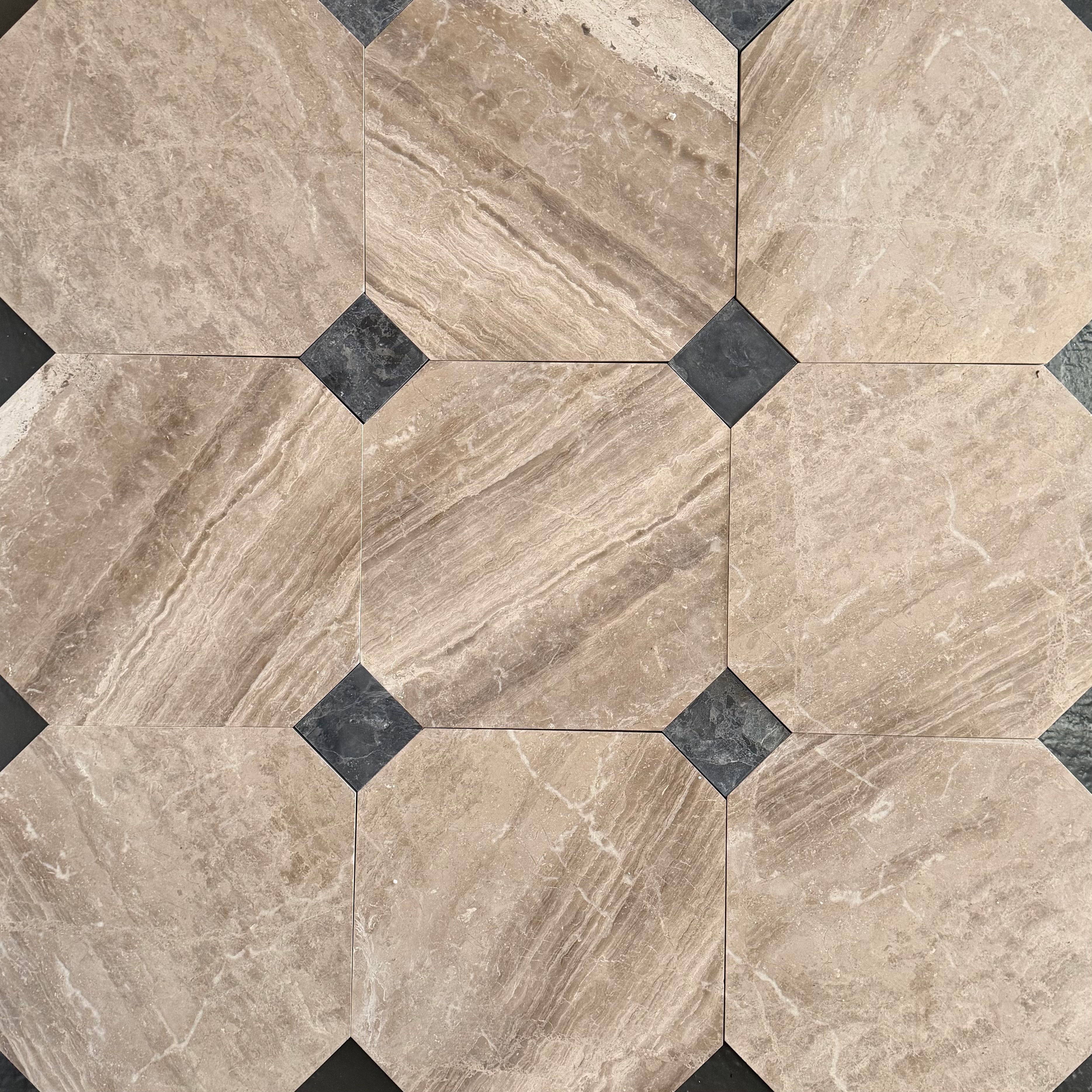 Honed Diana Royal and Selene marble octagon tile, fawn beige with charcoal cabochons thumbnail 2
