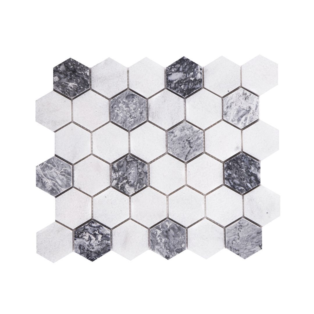 Honed Carrara white and platinum grey marble two-inch hexagon mosaic tile with grey accents