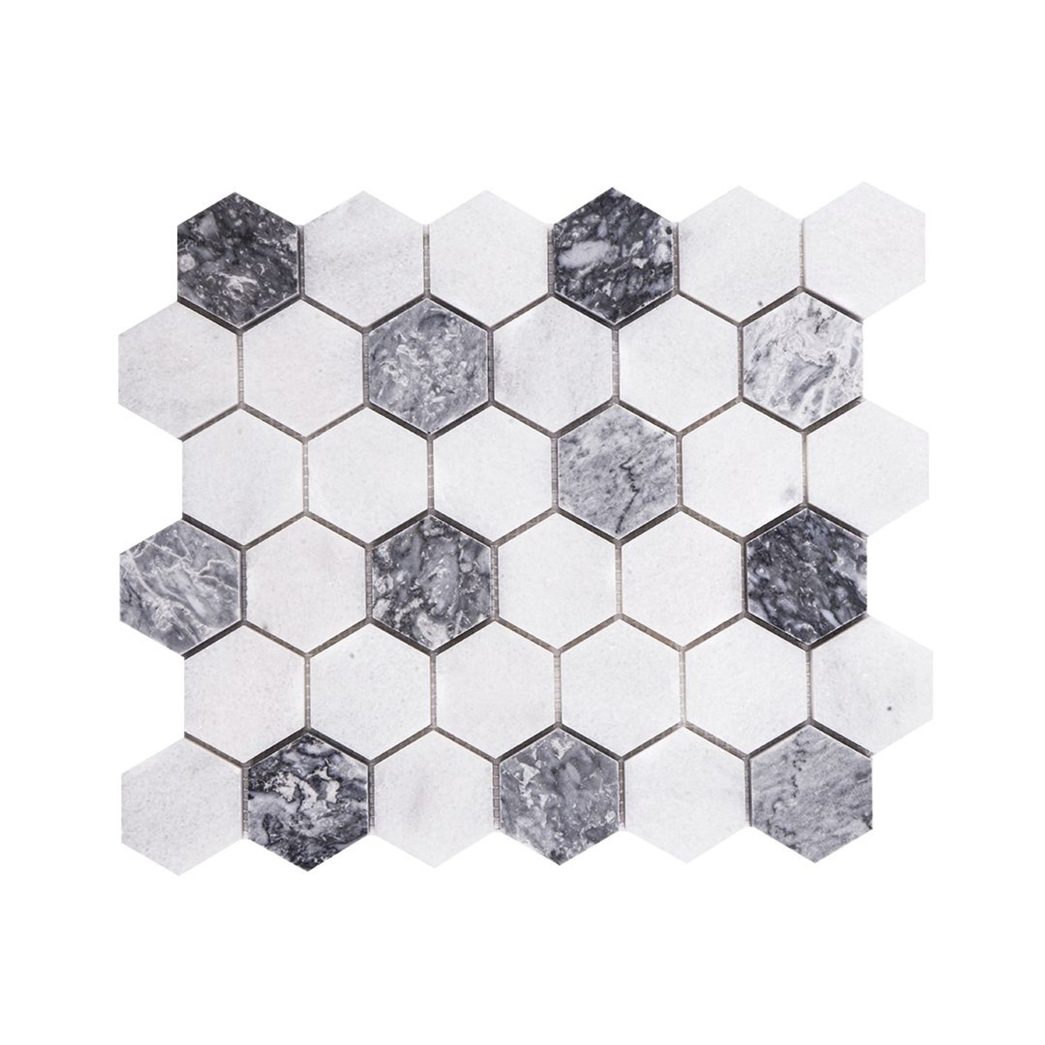 Honed Carrara white and platinum grey marble two-inch hexagon mosaic tile with grey accents