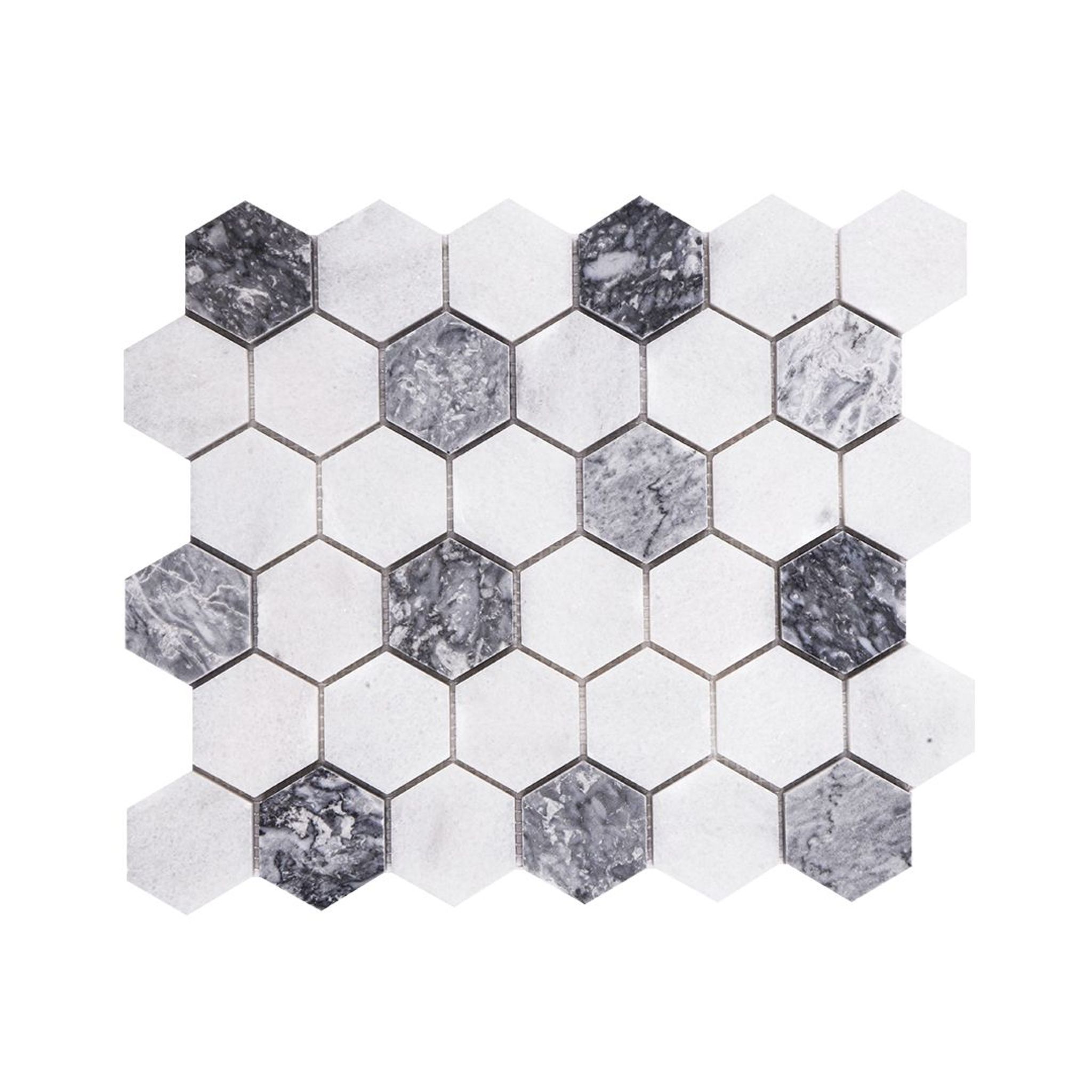 Honed Carrara white and platinum grey marble two-inch hexagon mosaic tile with grey accents