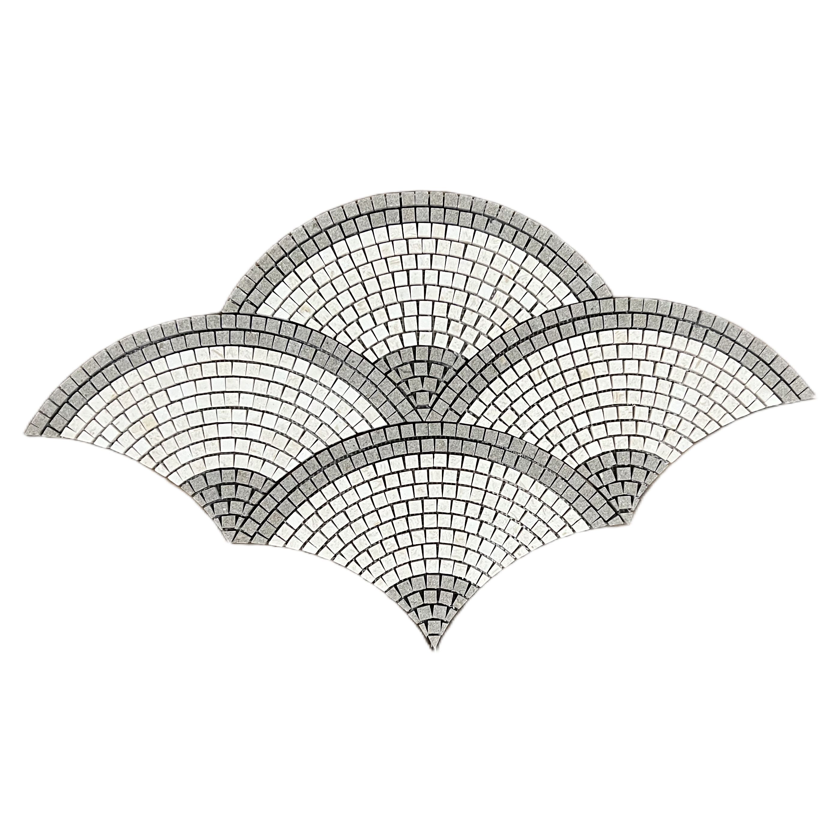 Honed creamy beige and rustic green limestone fan scallop mosaic tile with green borders thumbnail 2