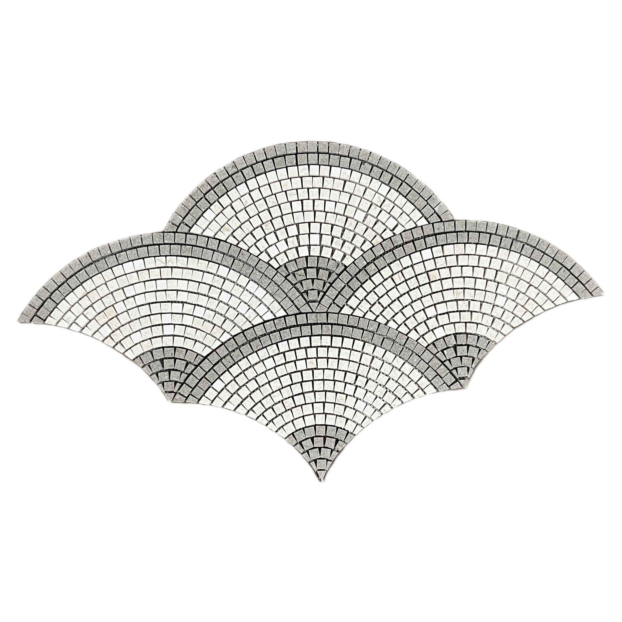 Honed rustic green and creamy beige limestone fan scallop mosaic tile with green outlines
