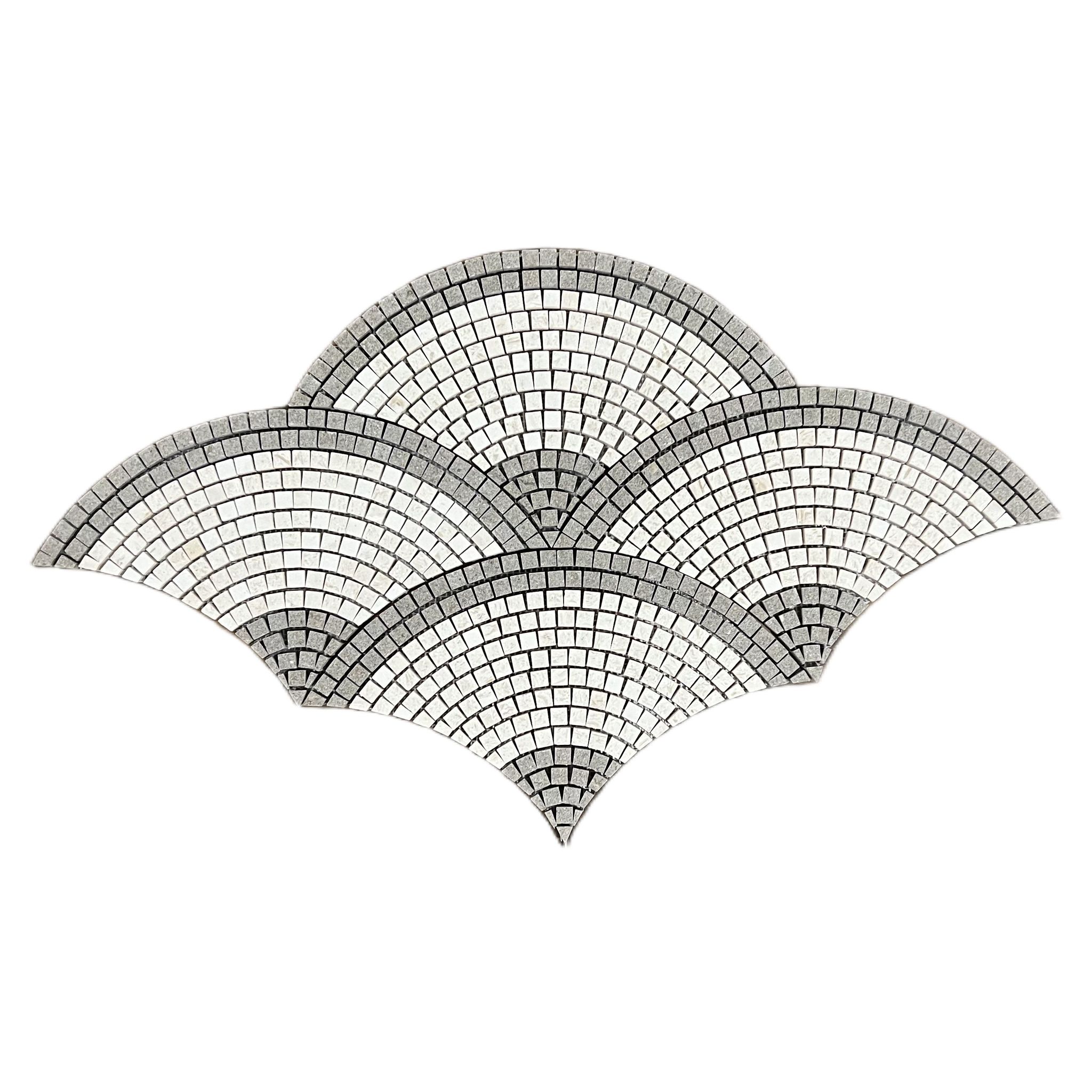 Honed rustic green and creamy beige limestone fan scallop mosaic tile with green outlines