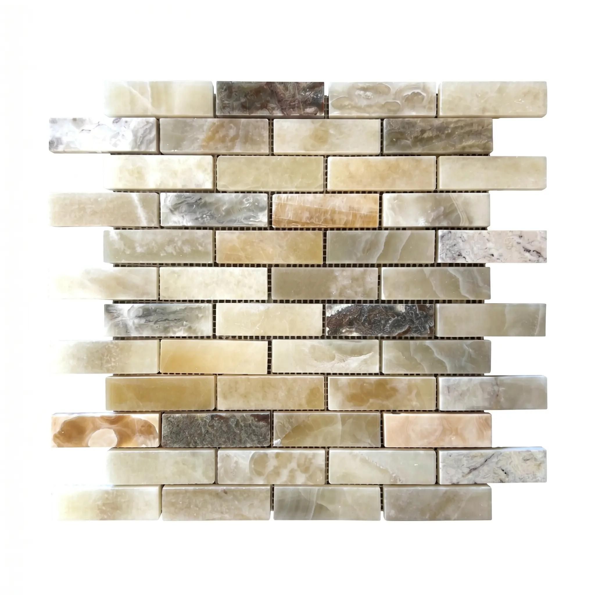 Honed onyx brick mosaic tile with translucent amber, honey and celadon banding