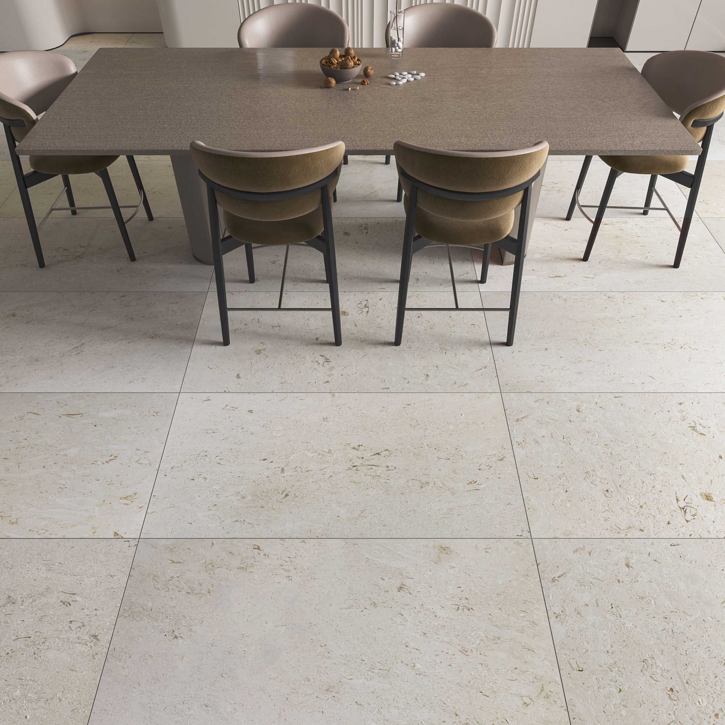 Brushed Shellstone limestone tile in creamy ivory and warm sand with fossils thumbnail 5