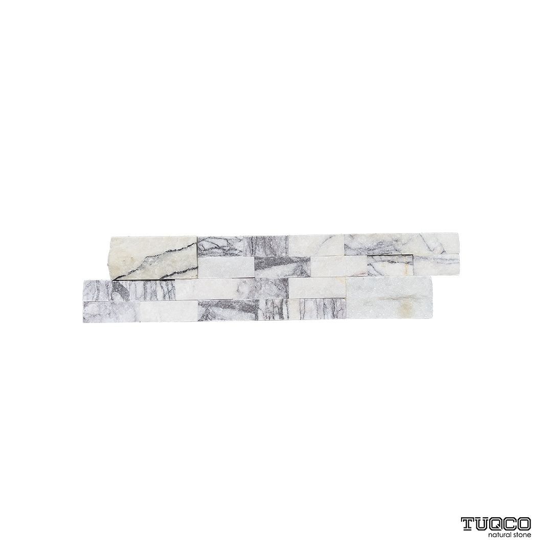 Calacatta Viola split-face marble ledger panel, white with burgundy and violet veining