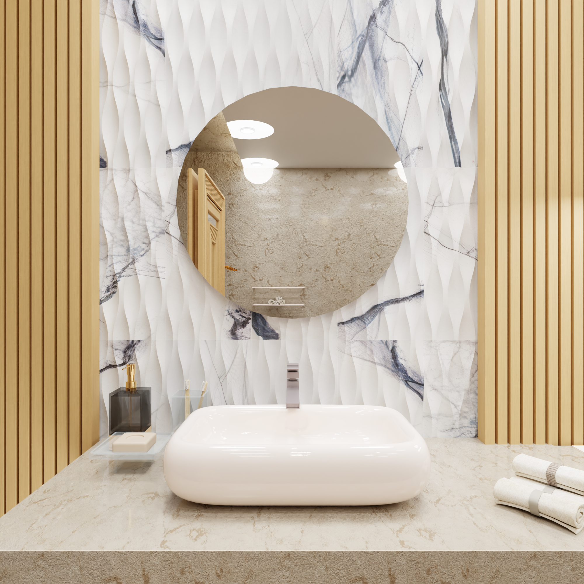 Calacatta Viola wave marble tile with sculptural 3D relief and burgundy veining thumbnail 3