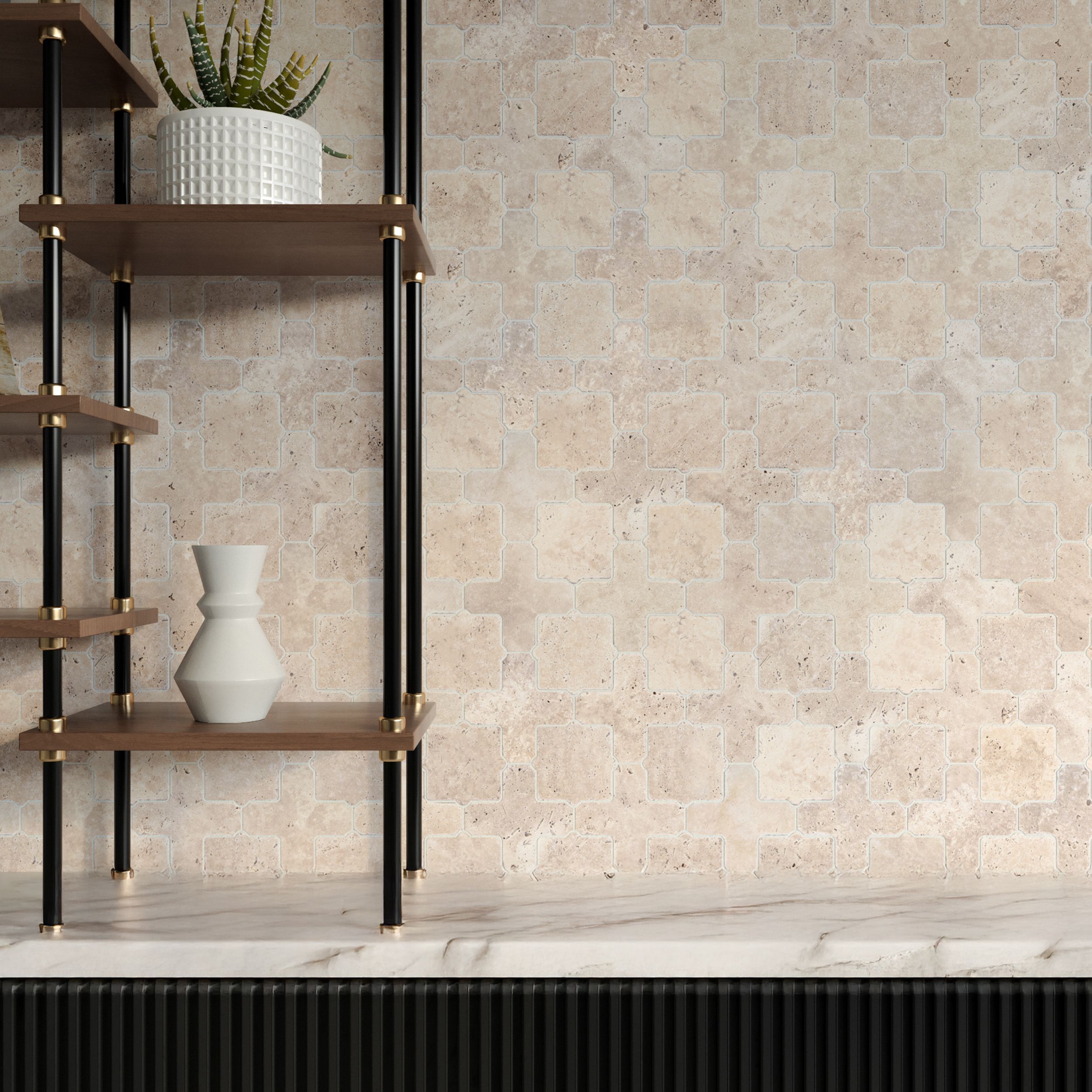 Tumbled travertine Casablanca mosaic tile in ivory, cream and beige with fossil pitting thumbnail 3