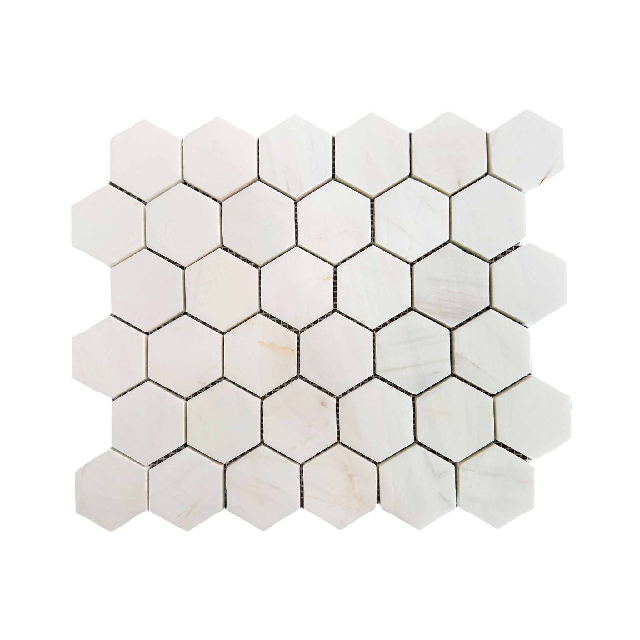 Polished dolomite marble two-inch hexagon mosaic tile, icy white with grey veining