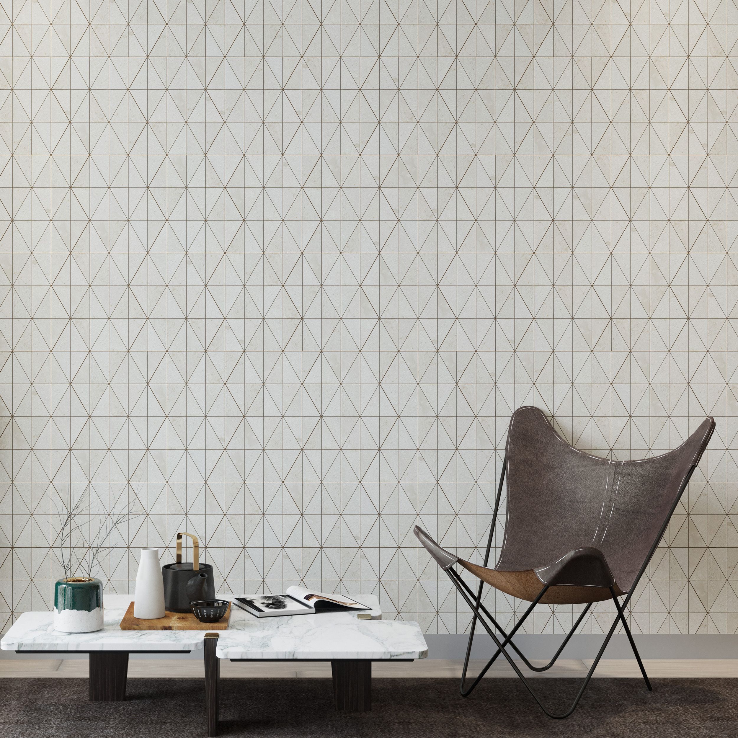 Brushed Shellstone limestone triangle mosaic tile in chalk, ecru and ash-blonde with fossils thumbnail 3
