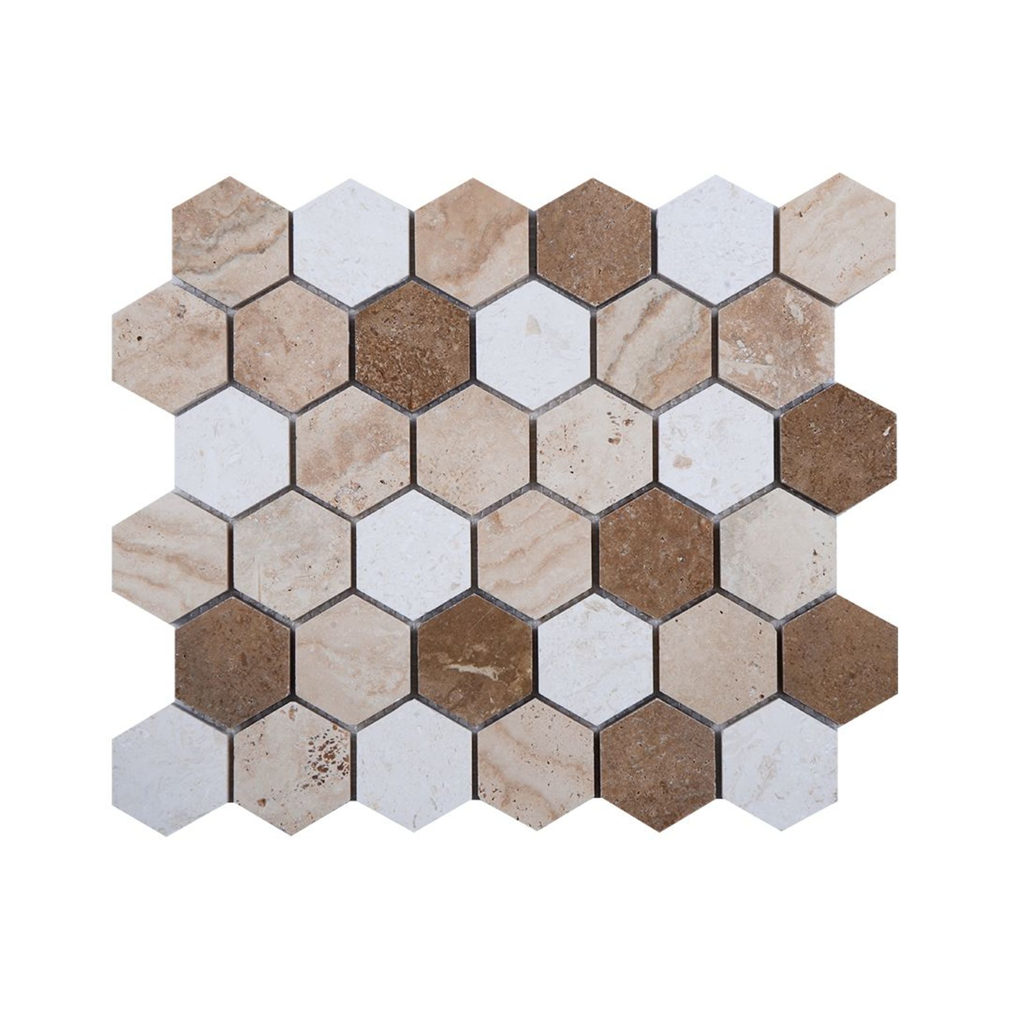 Honed mixed travertine hexagon mosaic tile in ivory, beige and walnut tones