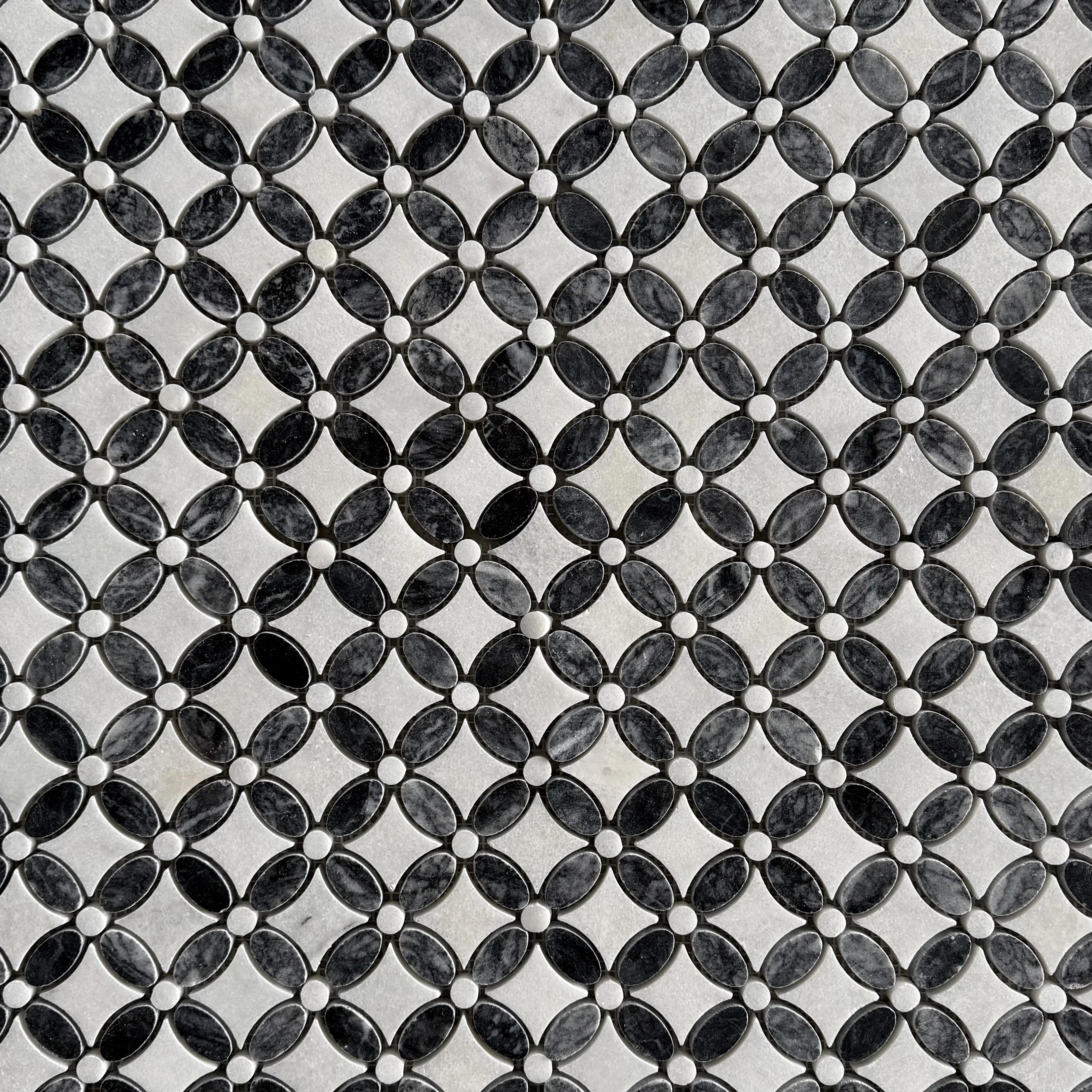 Polished Carrara white and Platinum Black marble flower mosaic tile, black petals with white accents thumbnail 2