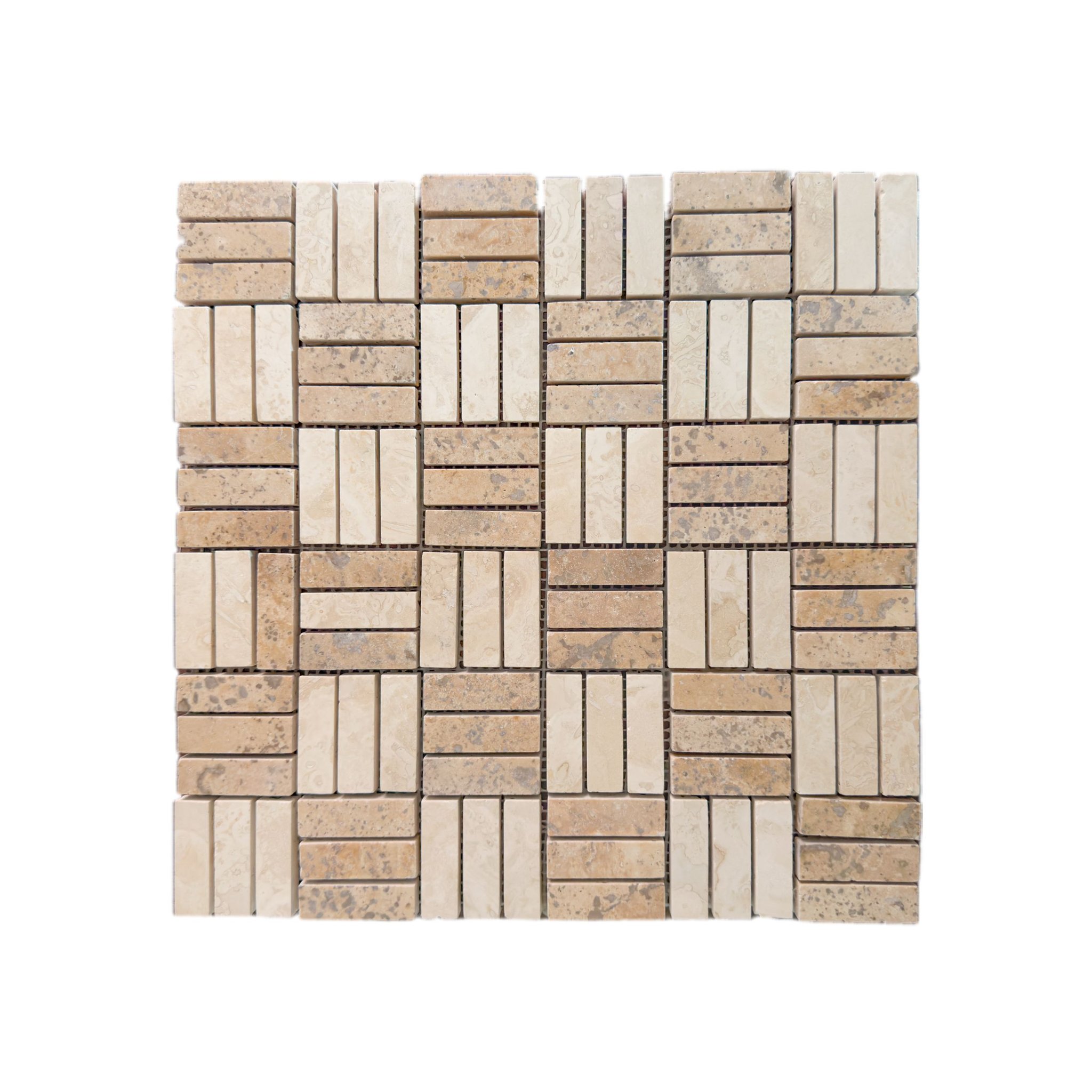 Honed Light and Noche travertine Jenga mosaic tile in cream and chestnut brown