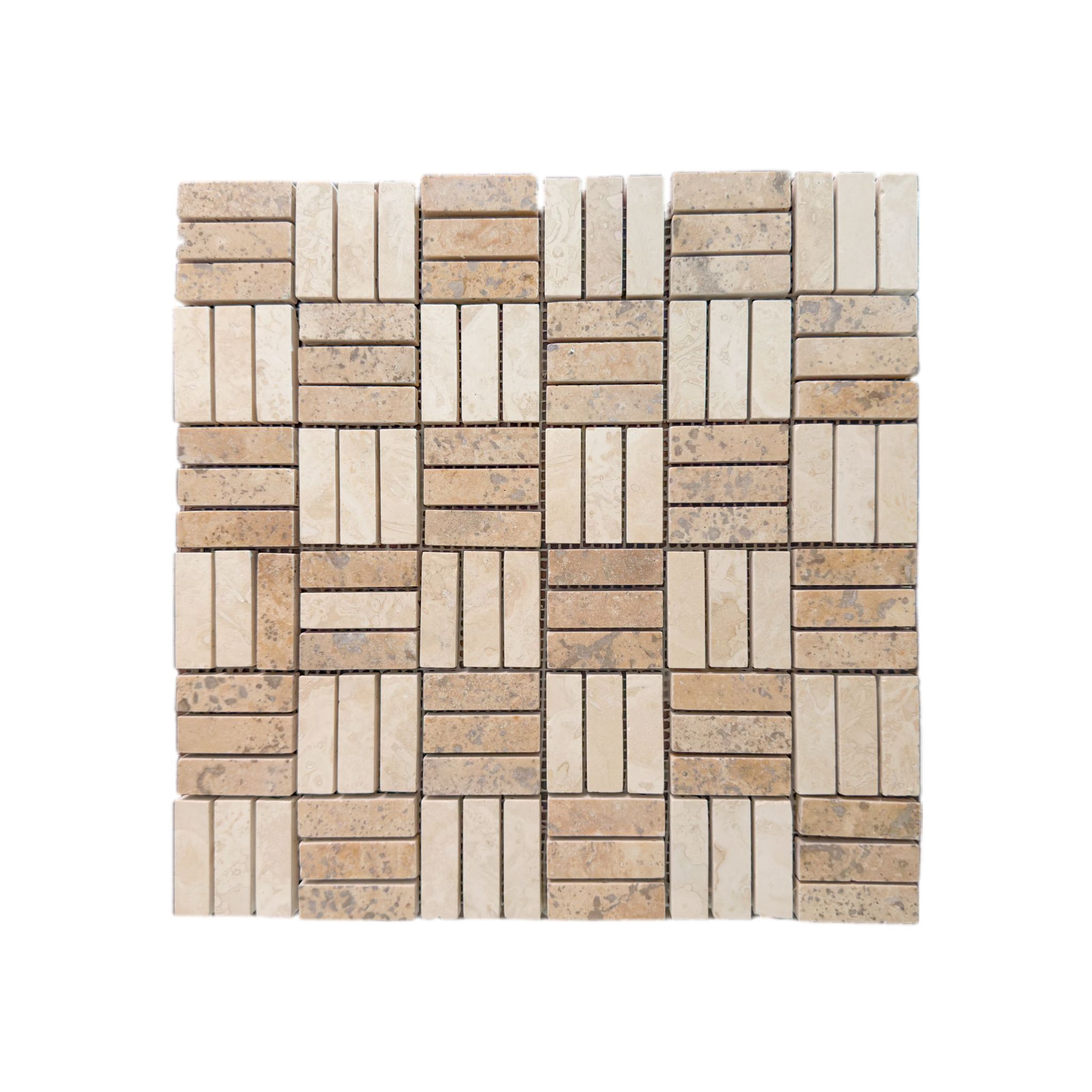 Honed Light and Noche travertine Jenga mosaic tile in cream and chestnut brown