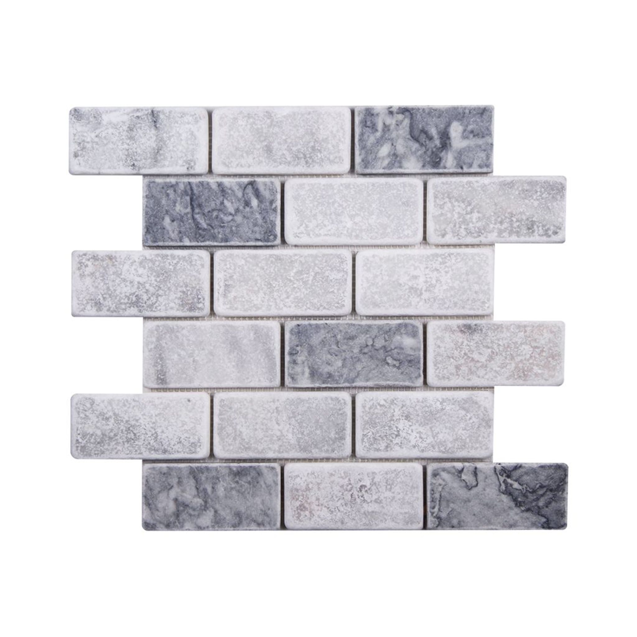 Tumbled Carrara white and platinum grey marble brick mosaic tile with silver-grey batons