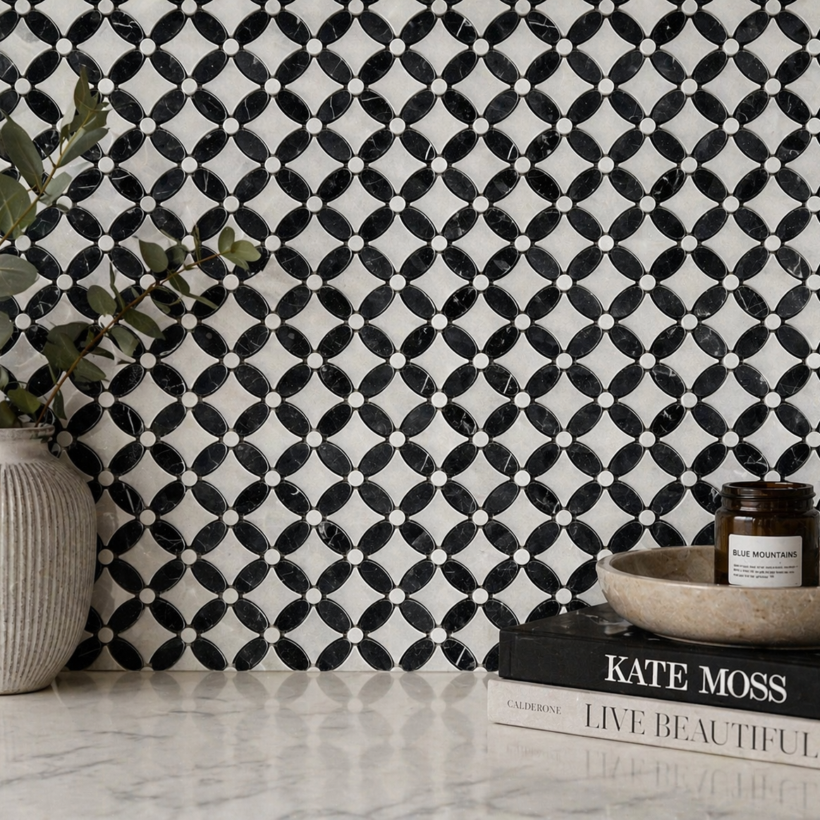 Polished Carrara white and Nero Marquina marble flower mosaic tile in black and white