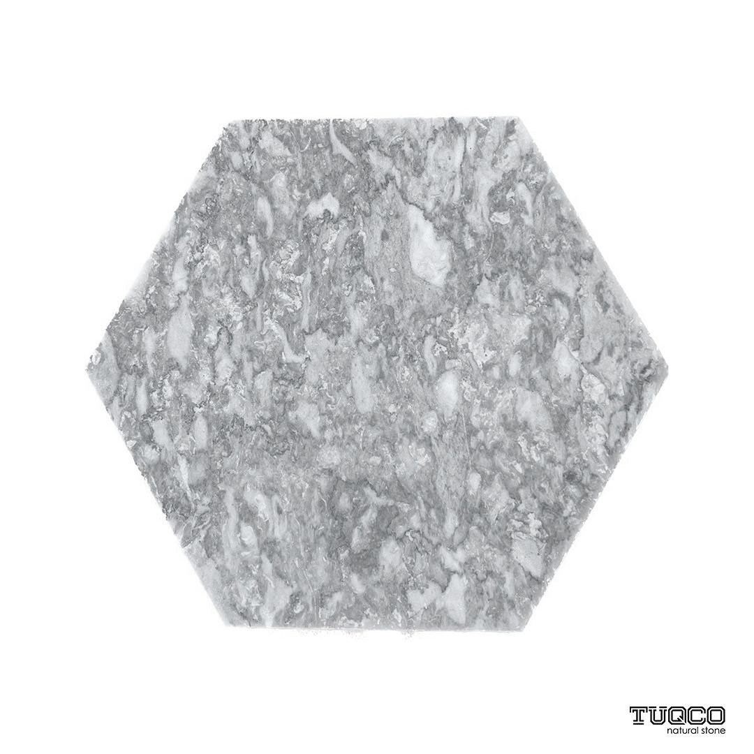 Honed Platinum Grey marble hexagon tile in silver, ash and charcoal tones