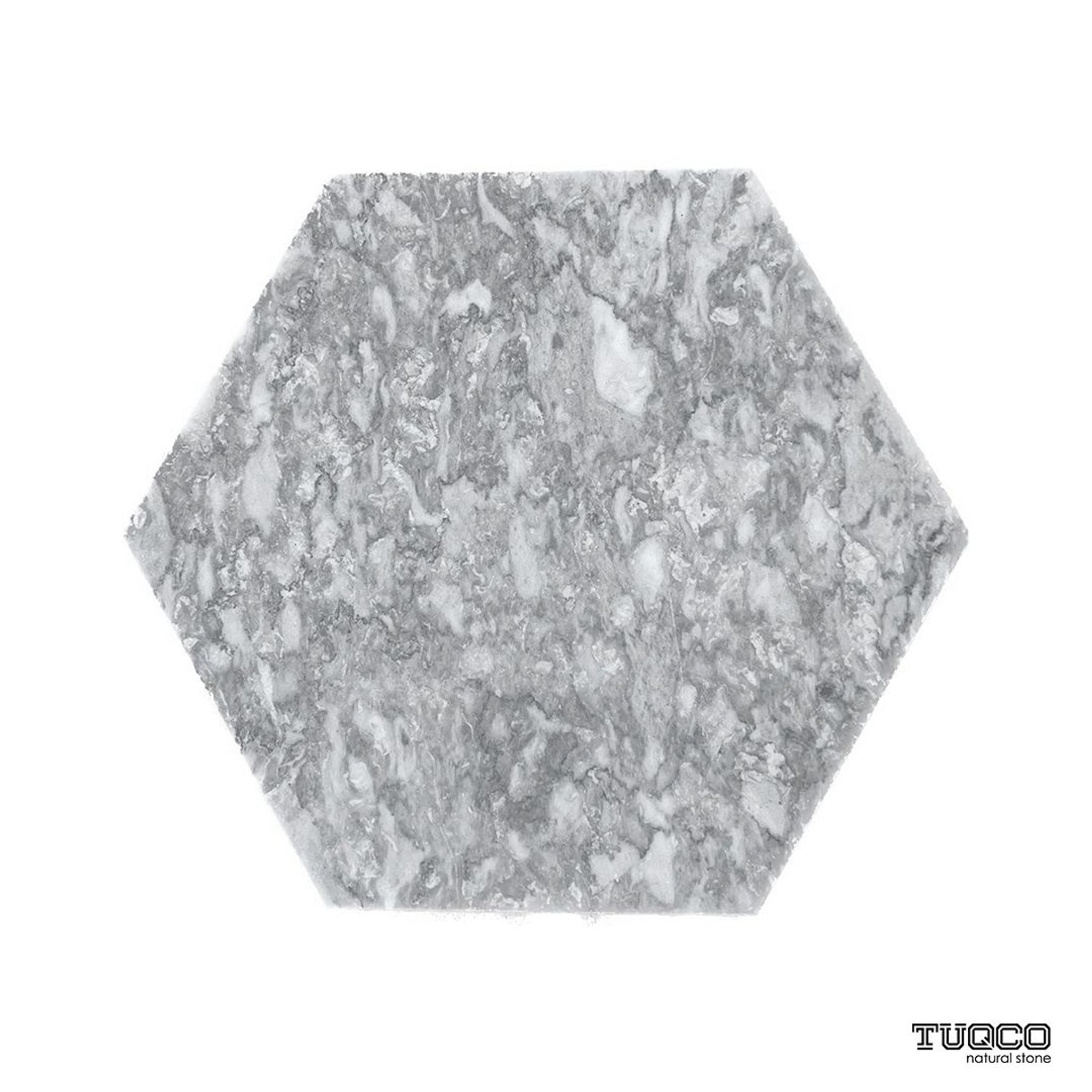 Honed Platinum Grey marble hexagon tile in silver, ash and charcoal tones