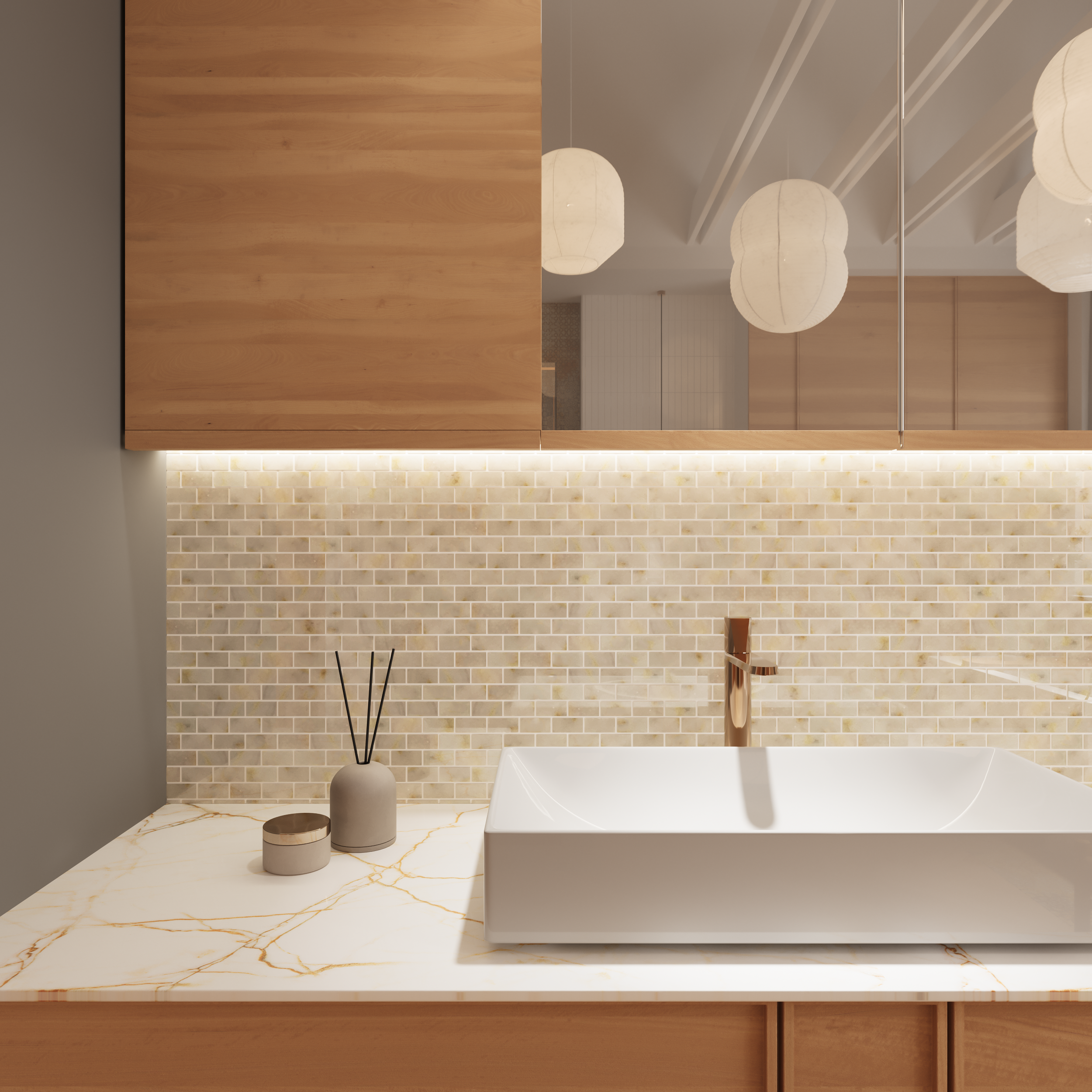 Polished Calacatta Sugar marble brick mosaic tile, creamy white with amber and gold thumbnail 2