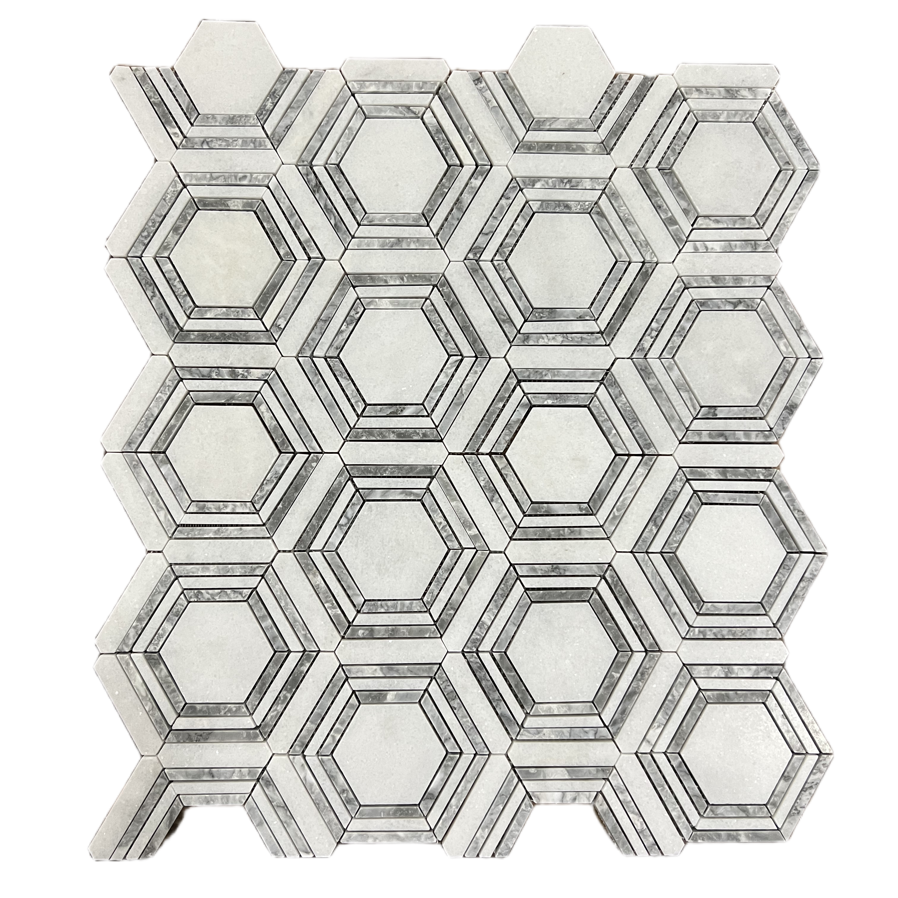 Honed Carrara white and platinum grey marble framed hexagon mosaic tile with concentric banding