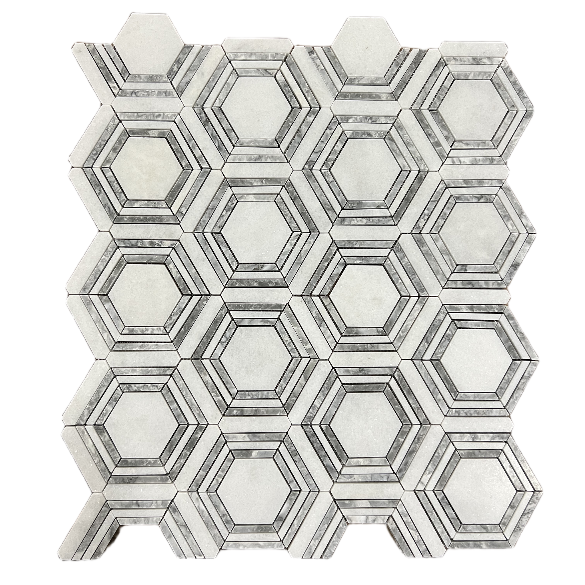 Honed Carrara white and platinum grey marble framed hexagon mosaic tile with concentric banding