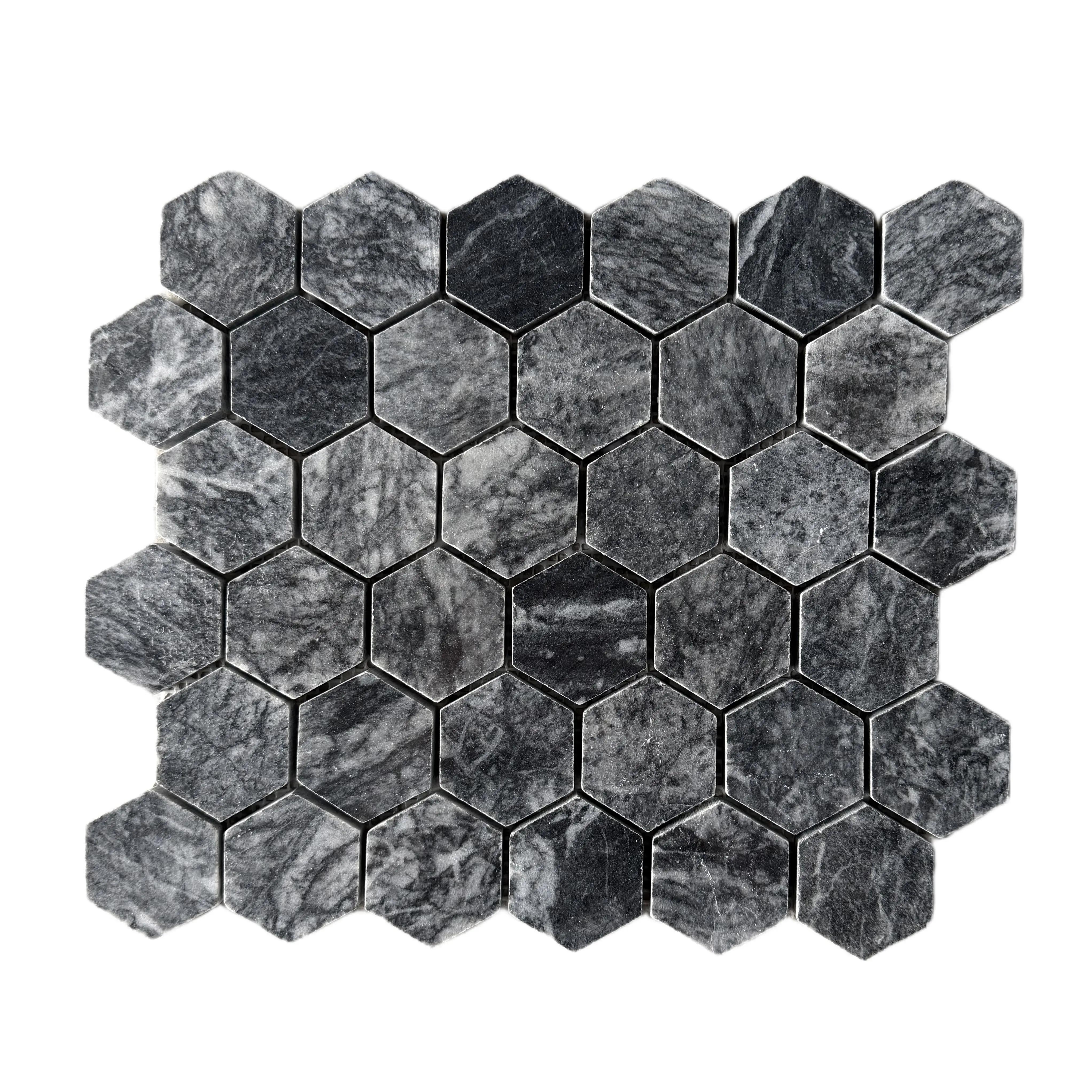 Polished Platinum Black marble hexagon mosaic tile, obsidian with white calcite veining