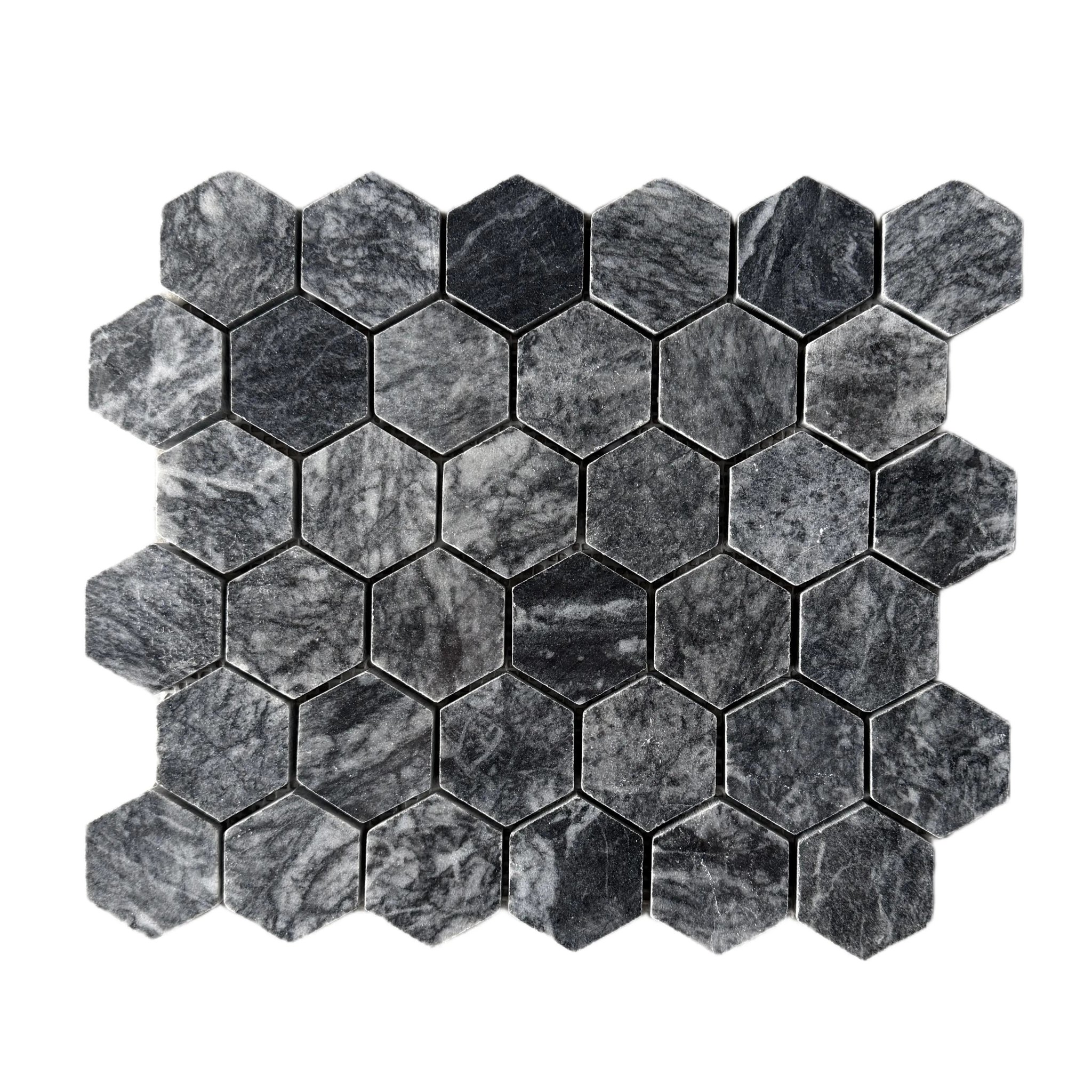Polished Platinum Black marble hexagon mosaic tile, obsidian with white calcite veining
