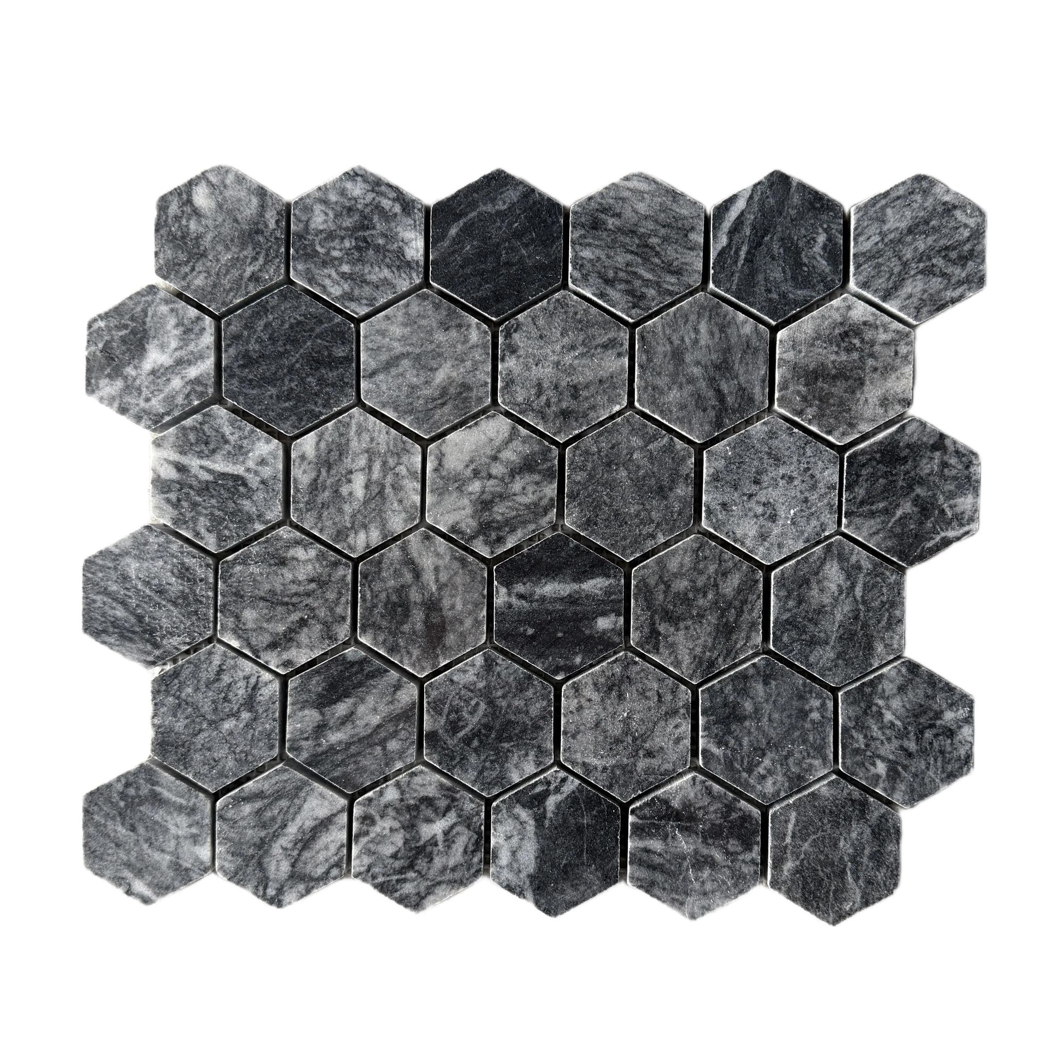 Polished Platinum Black marble hexagon mosaic tile, obsidian with white calcite veining
