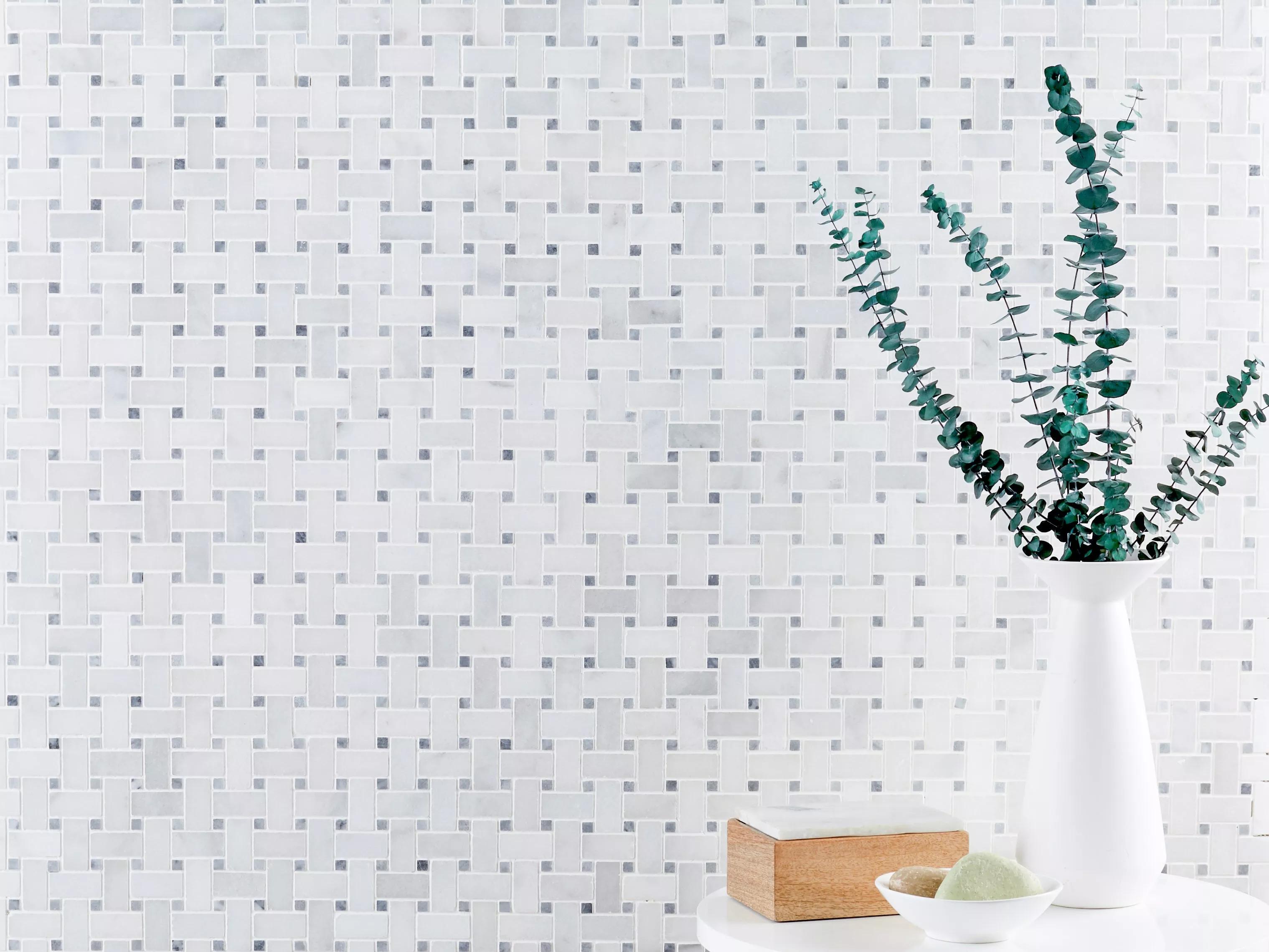 Polished Carrara white and platinum grey marble basket-weave mosaic tile with grey cabochons thumbnail 3