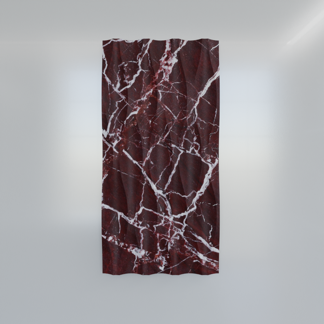 Rosso Levanto wave marble tile with sculptural 3D relief and white veining