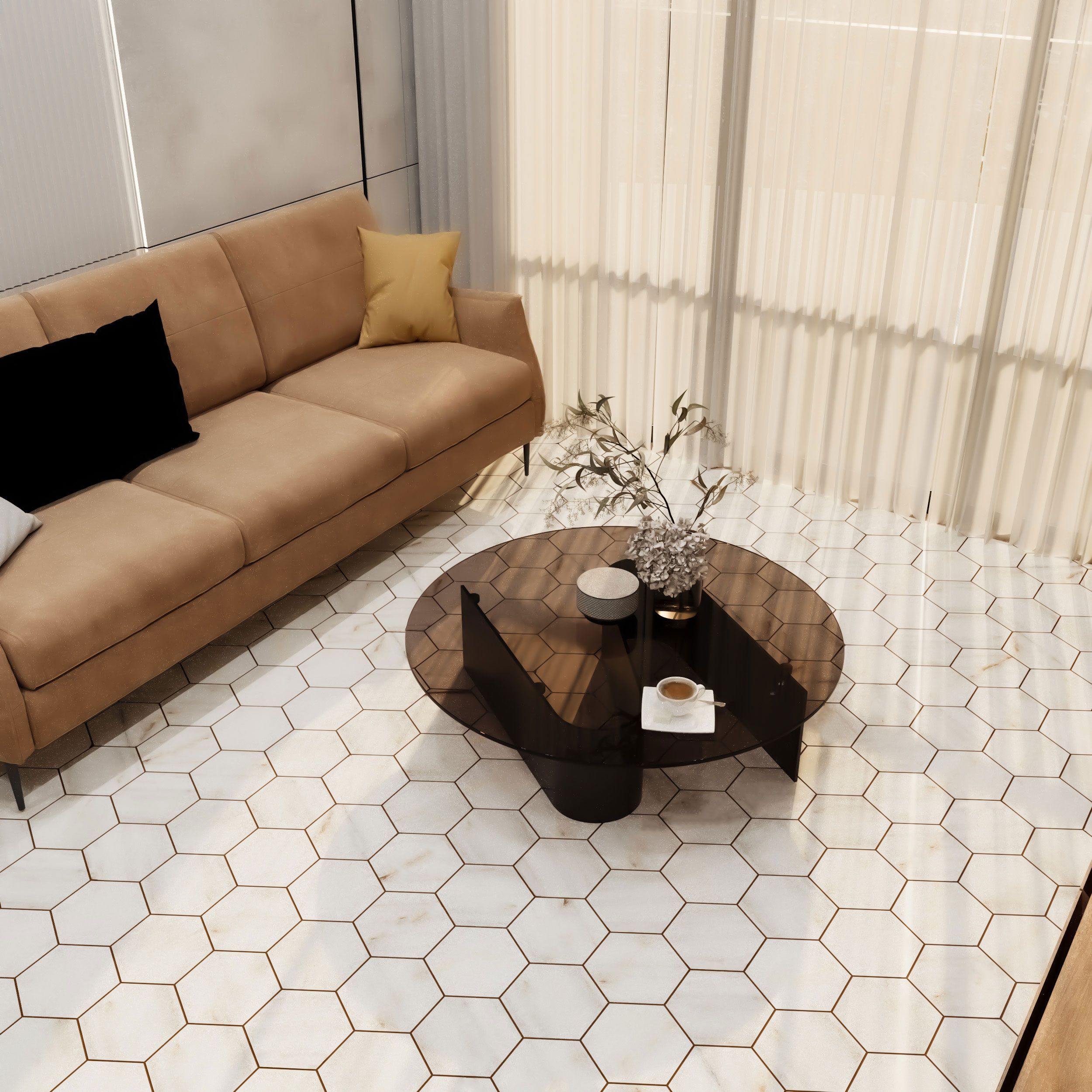 Honed Calacatta Sugar marble hexagon tile, creamy white with gold and amber veining thumbnail 3