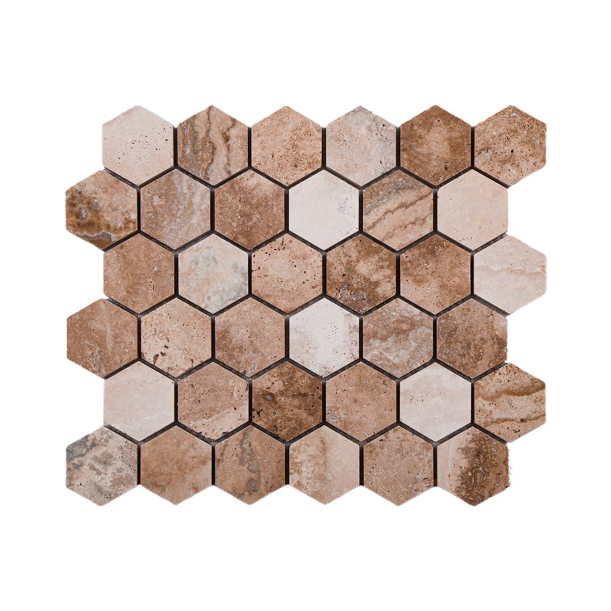 Honed Valencia travertine hexagon mosaic tile in caramel, terracotta and sandy beige