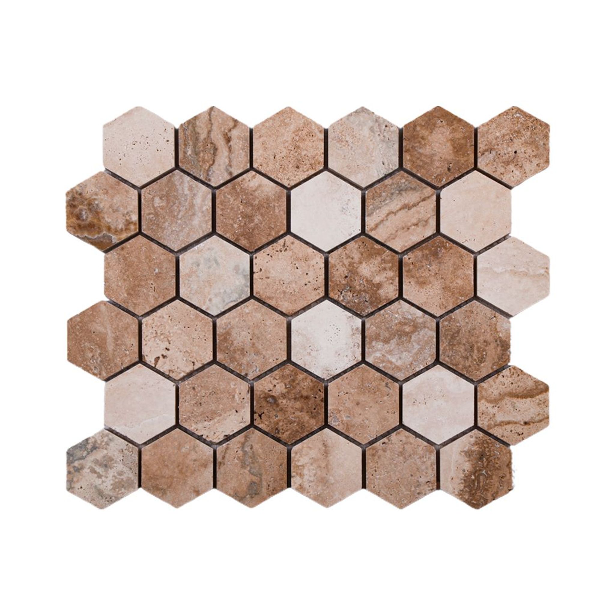 Honed Valencia travertine hexagon mosaic tile in caramel, terracotta and sandy beige
