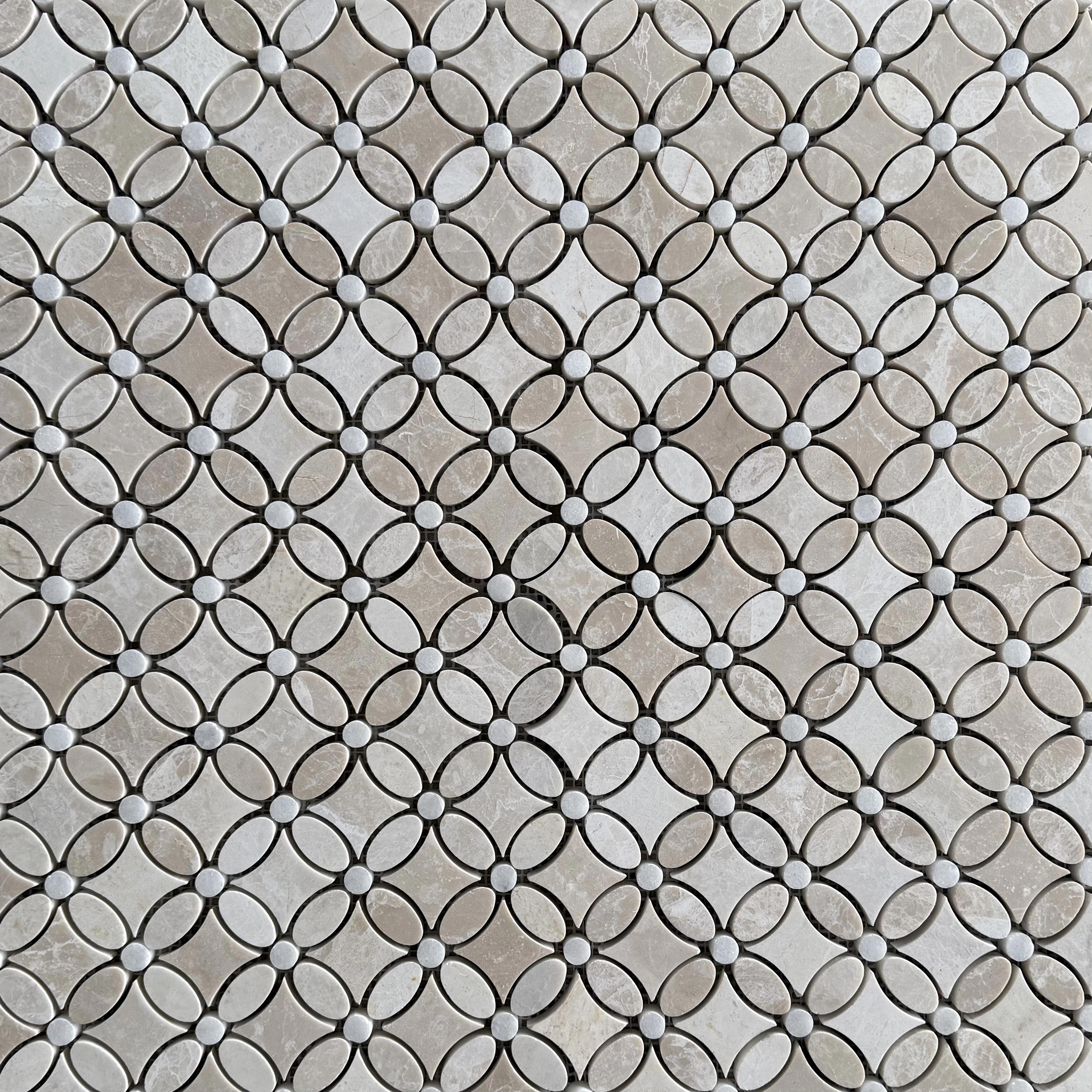 Polished Belgravia Beige marble flower mosaic tile in biscuit, taupe and cream