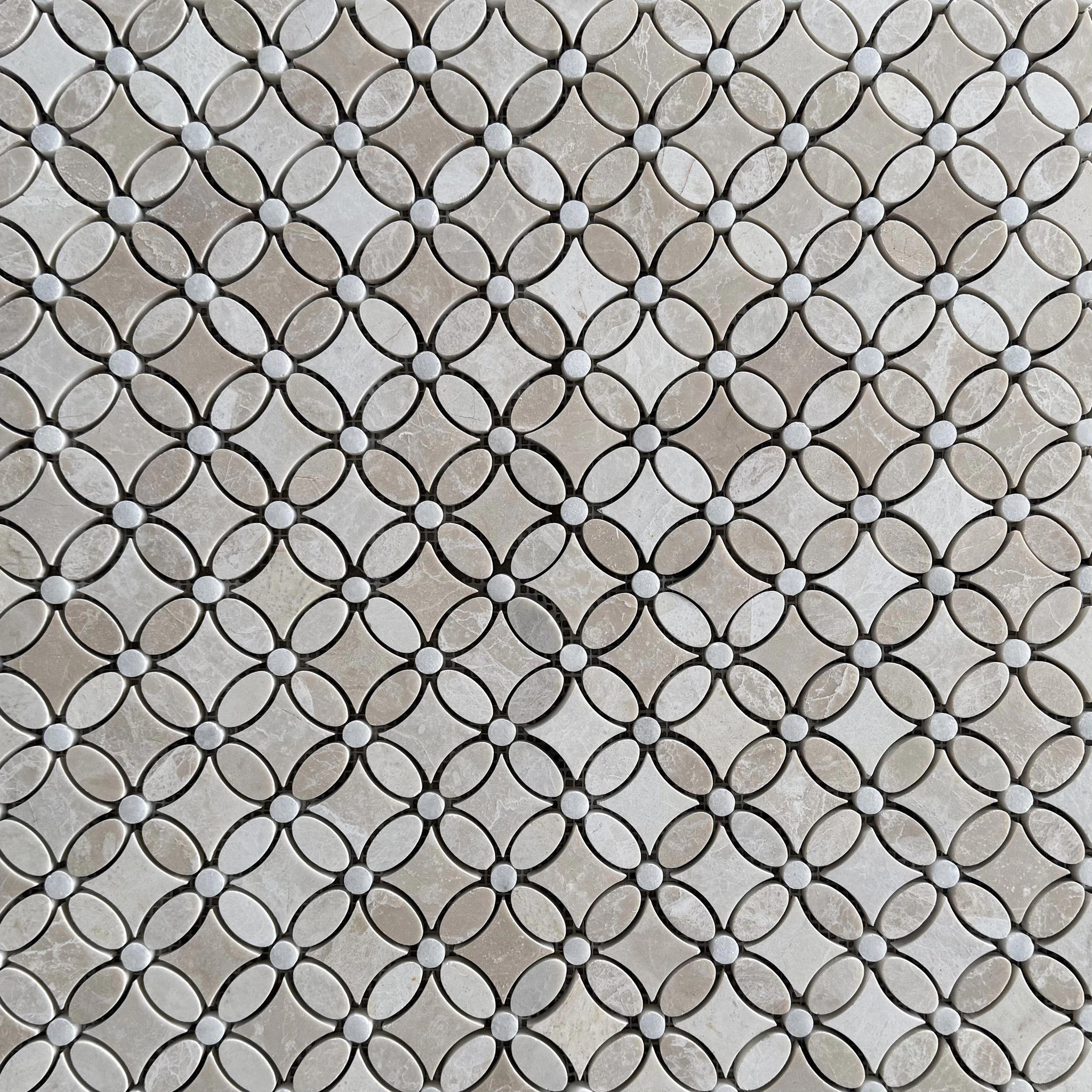 Polished Belgravia Beige marble flower mosaic tile in biscuit, taupe and cream