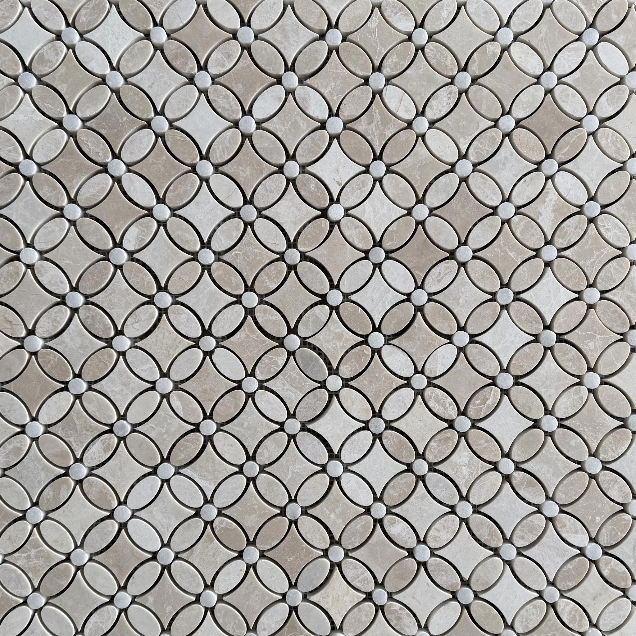 Polished Belgravia Beige marble flower mosaic tile in biscuit, taupe and cream