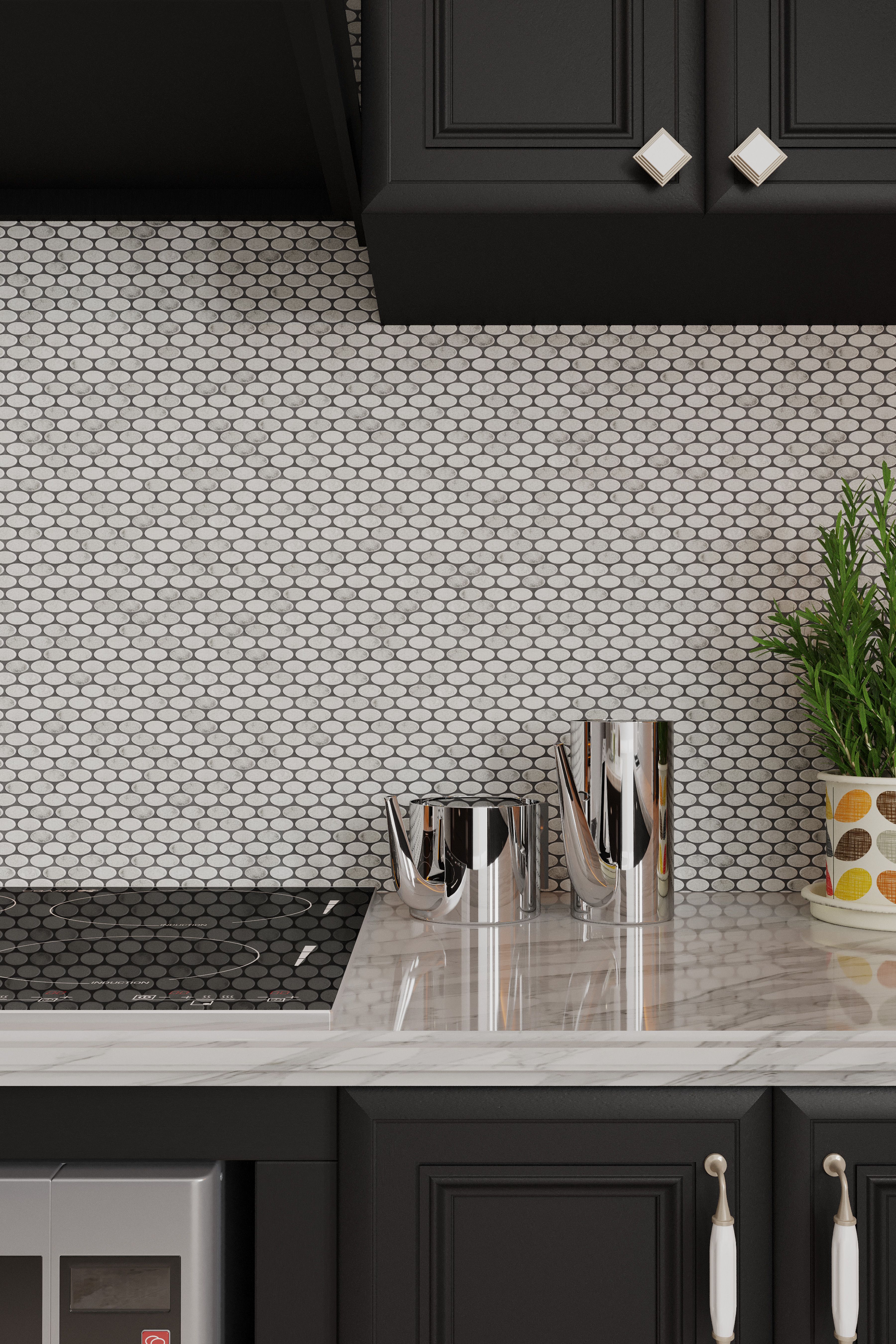 Tumbled Carrara White marble ellipse mosaic tile with soft grey veining thumbnail 2