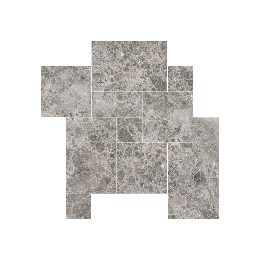 Tundra Grey Versailles pattern marble paving set in dove grey and silver