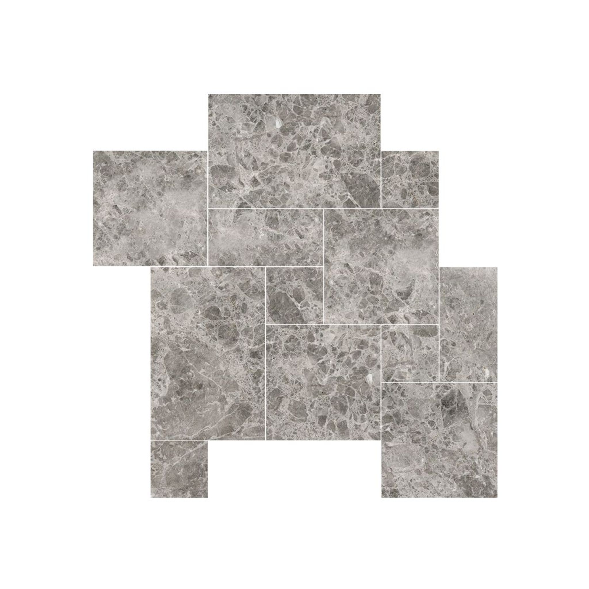 Tundra Grey Versailles pattern marble paving set in dove grey and silver