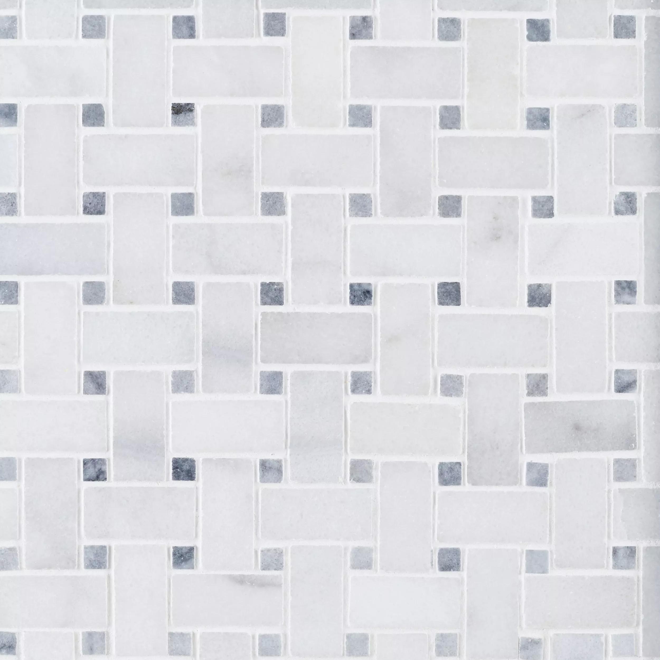 Polished Carrara white and platinum grey marble basket-weave mosaic tile with grey cabochons thumbnail 2