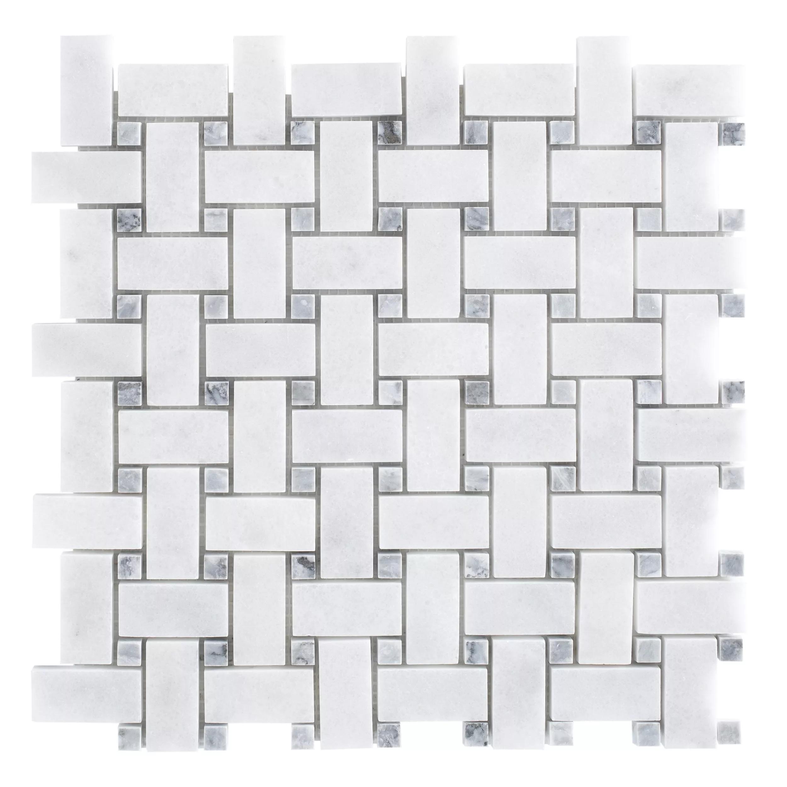 Polished Carrara white and platinum grey marble basket-weave mosaic tile with grey cabochons