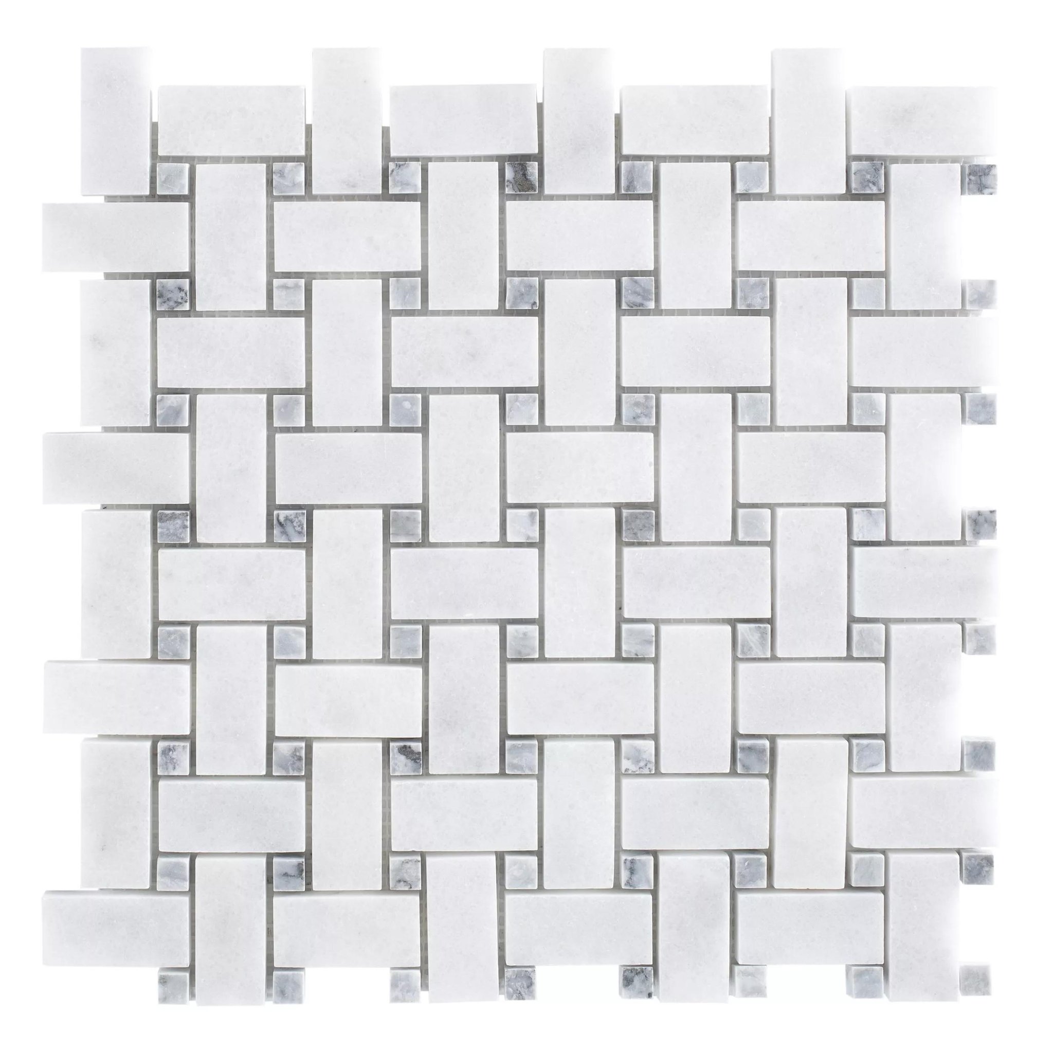 Polished Carrara white and platinum grey marble basket-weave mosaic tile with grey cabochons