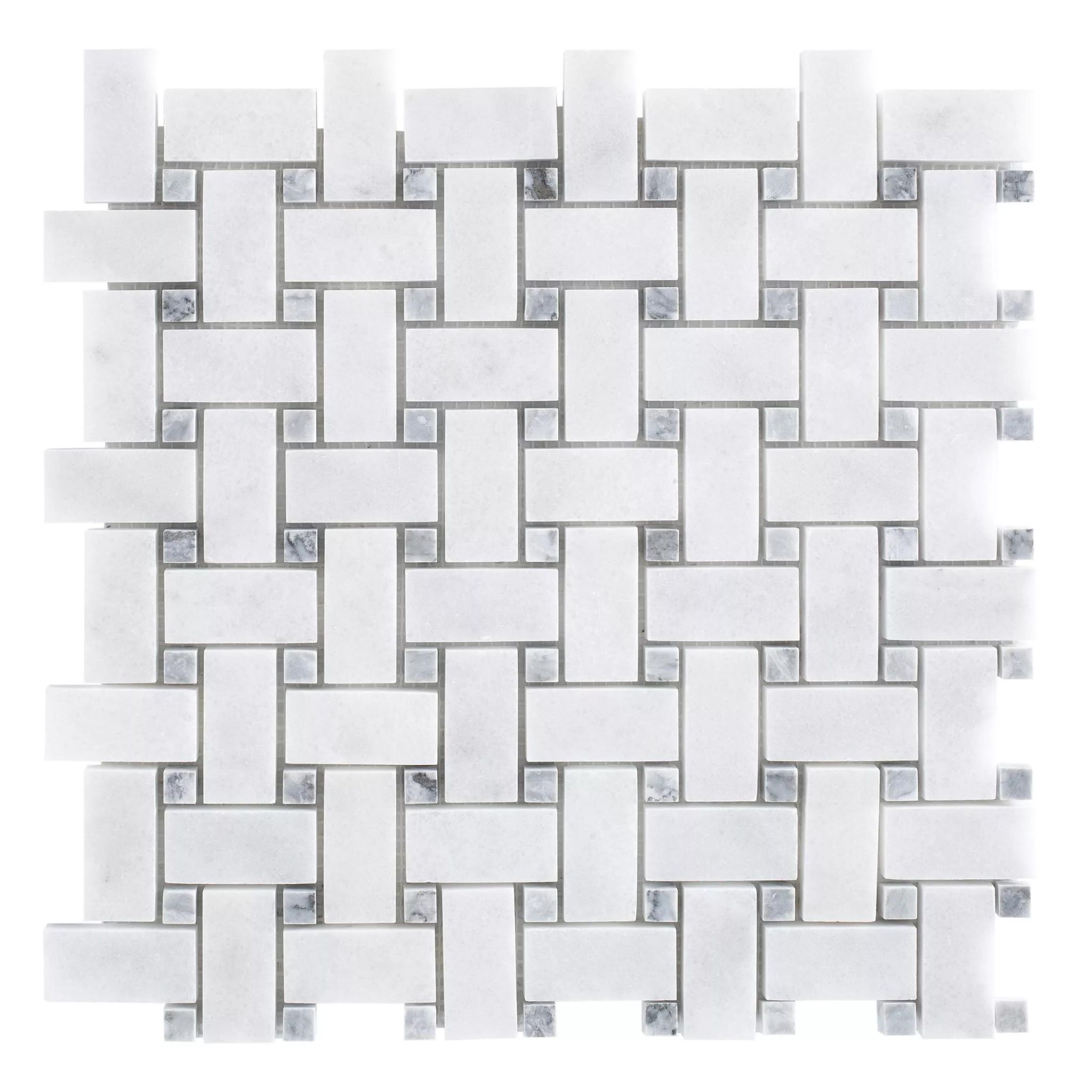 Polished Carrara white and platinum grey marble basket-weave mosaic tile with grey cabochons