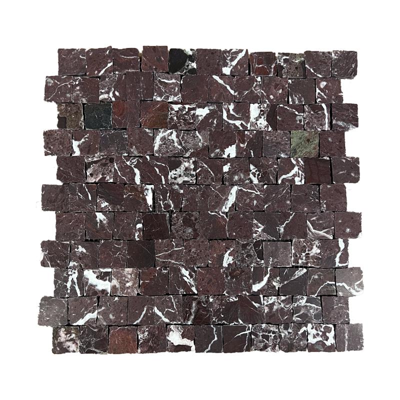 Honed Rosso Levanto marble rustic-edge square mosaic tile, oxblood with white calcite
