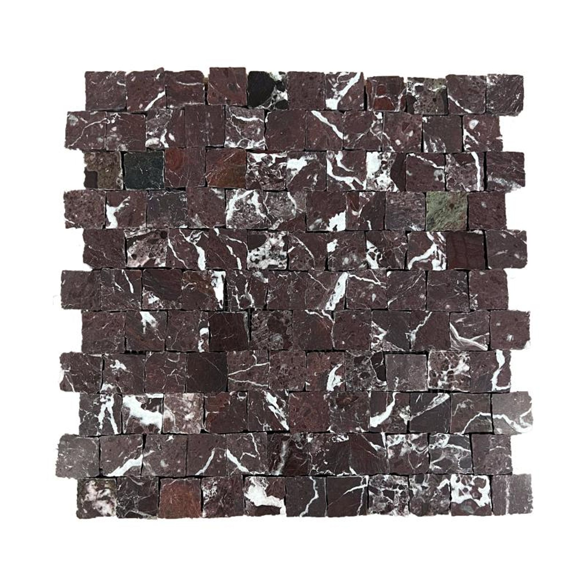Honed Rosso Levanto marble rustic-edge square mosaic tile, oxblood with white calcite