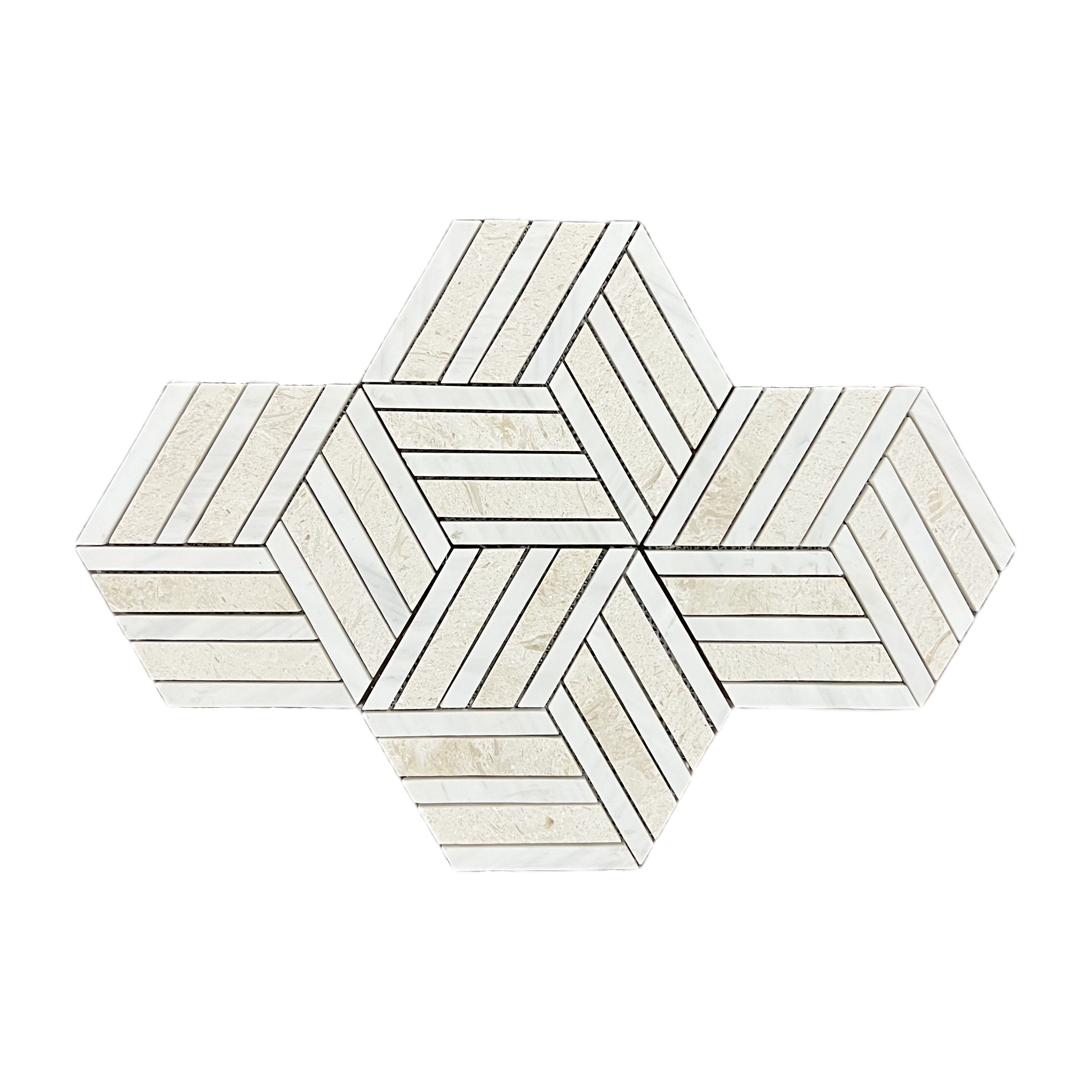 Honed white dolomite and limestone split hexagon mosaic tile with cubic illusion