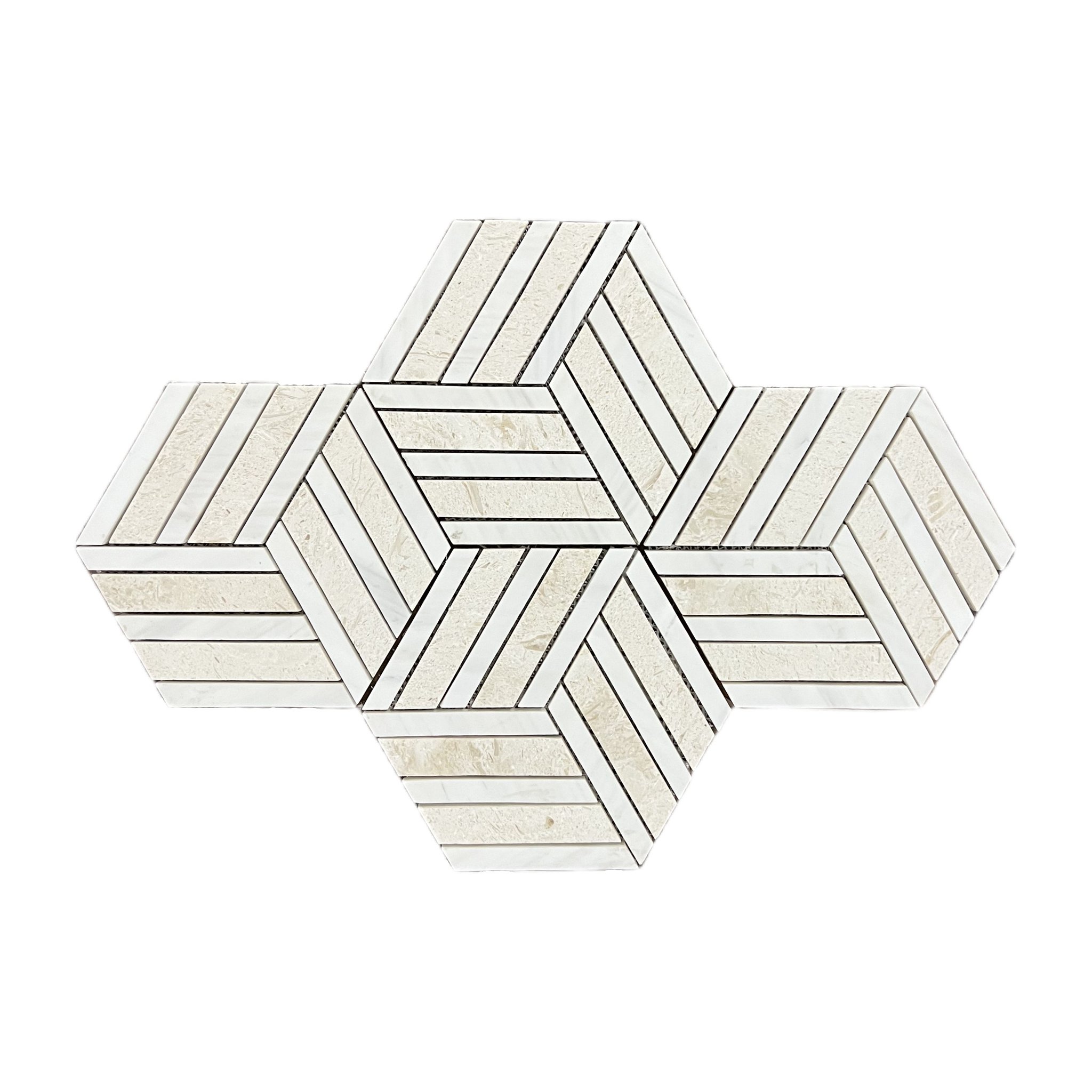 Honed white dolomite and limestone split hexagon mosaic tile with cubic illusion